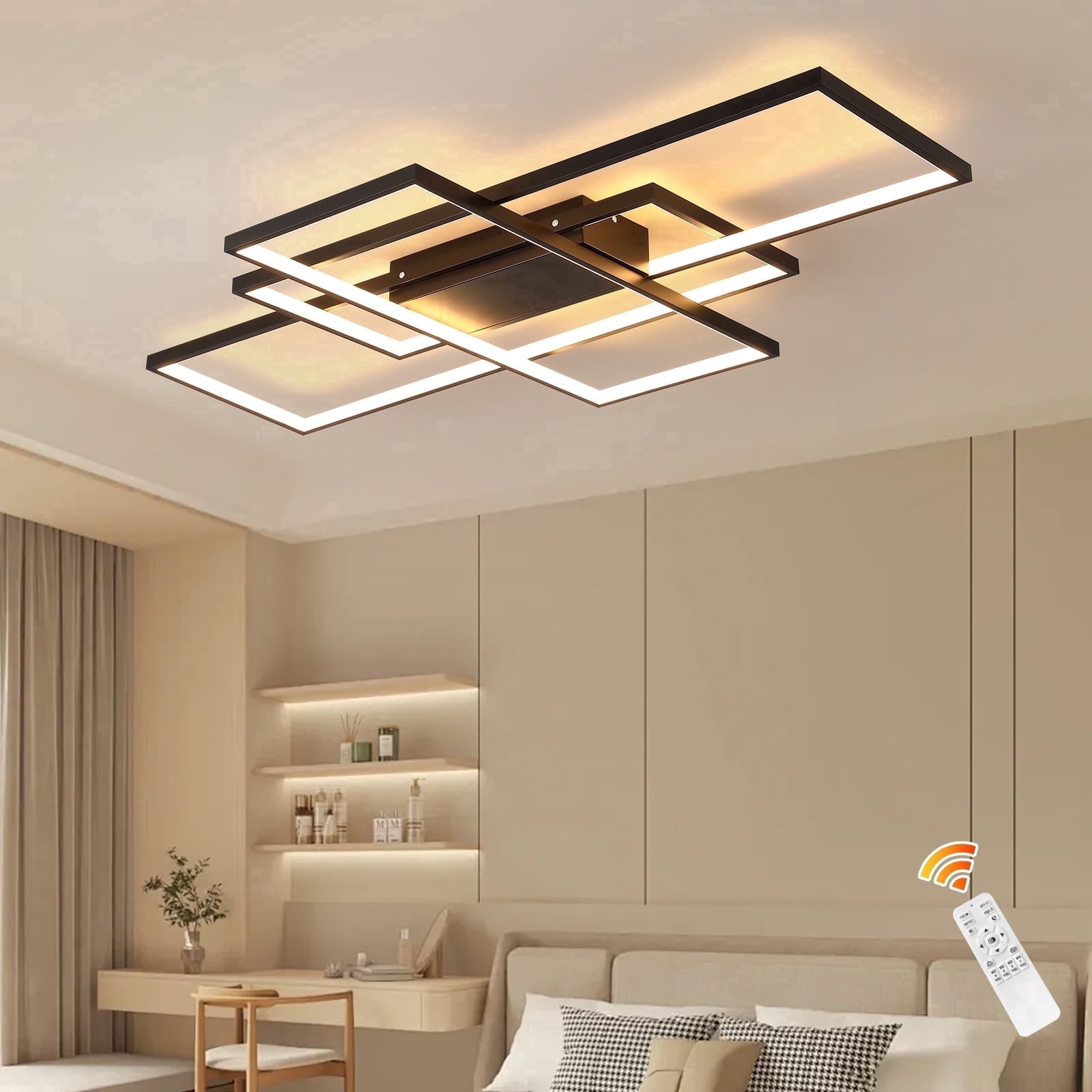 Garwarm Dimmable Ceiling Light, 3 Squares Modern LED Ceiling Lamps with Remote Control, 50W Acrylic Flush Mount Ceiling Light Fixture for Living Room Bedroom Kitchen(Black)