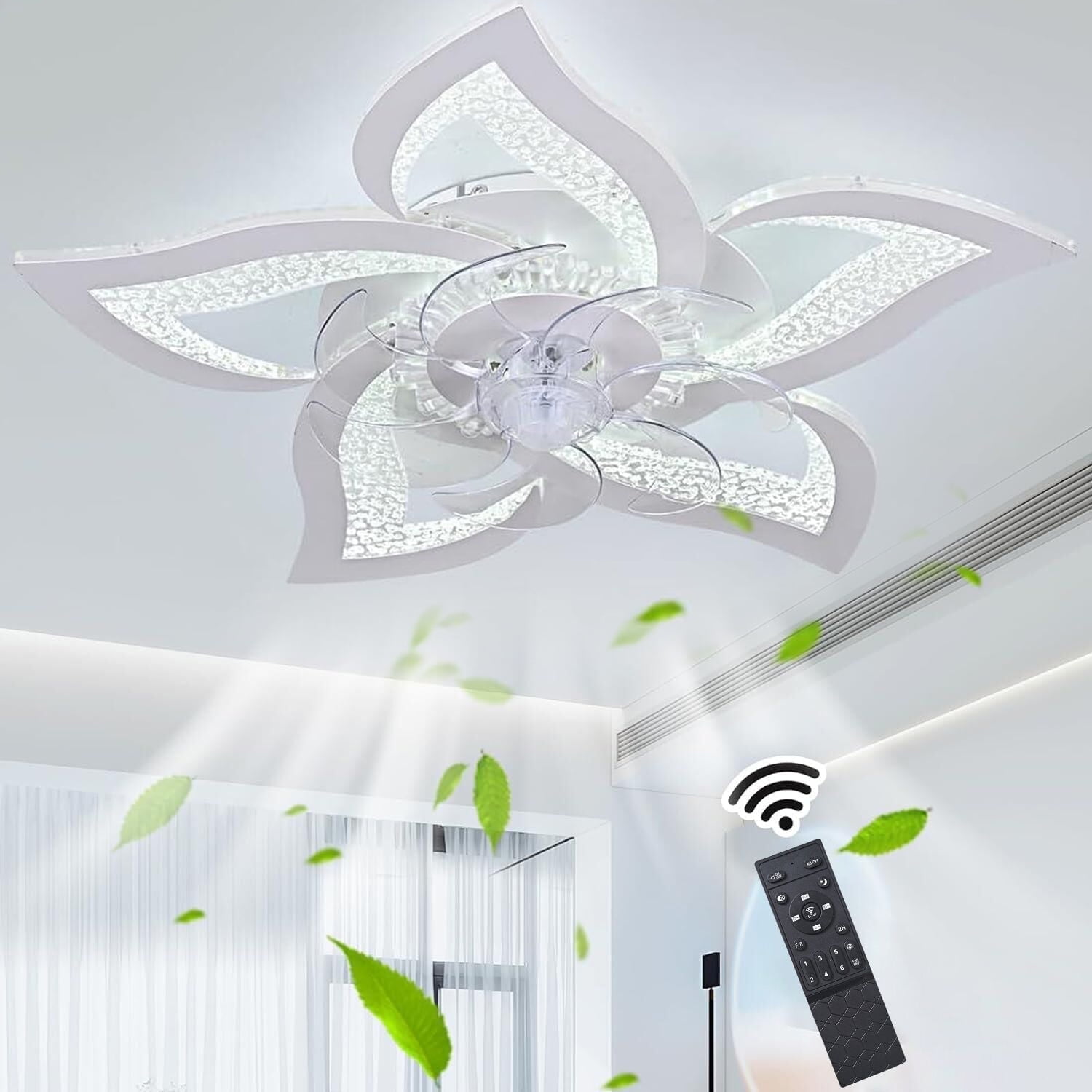 Garwarm Flower Ceiling Fans with Lights and Remote, 24 Inch Modern Low Profile Flush Mount Ceiling Fan, Dimmable LED Ceiling Light Fixture, Small Ceiling Fans for Bedroom, Kitchen, Indoor-White