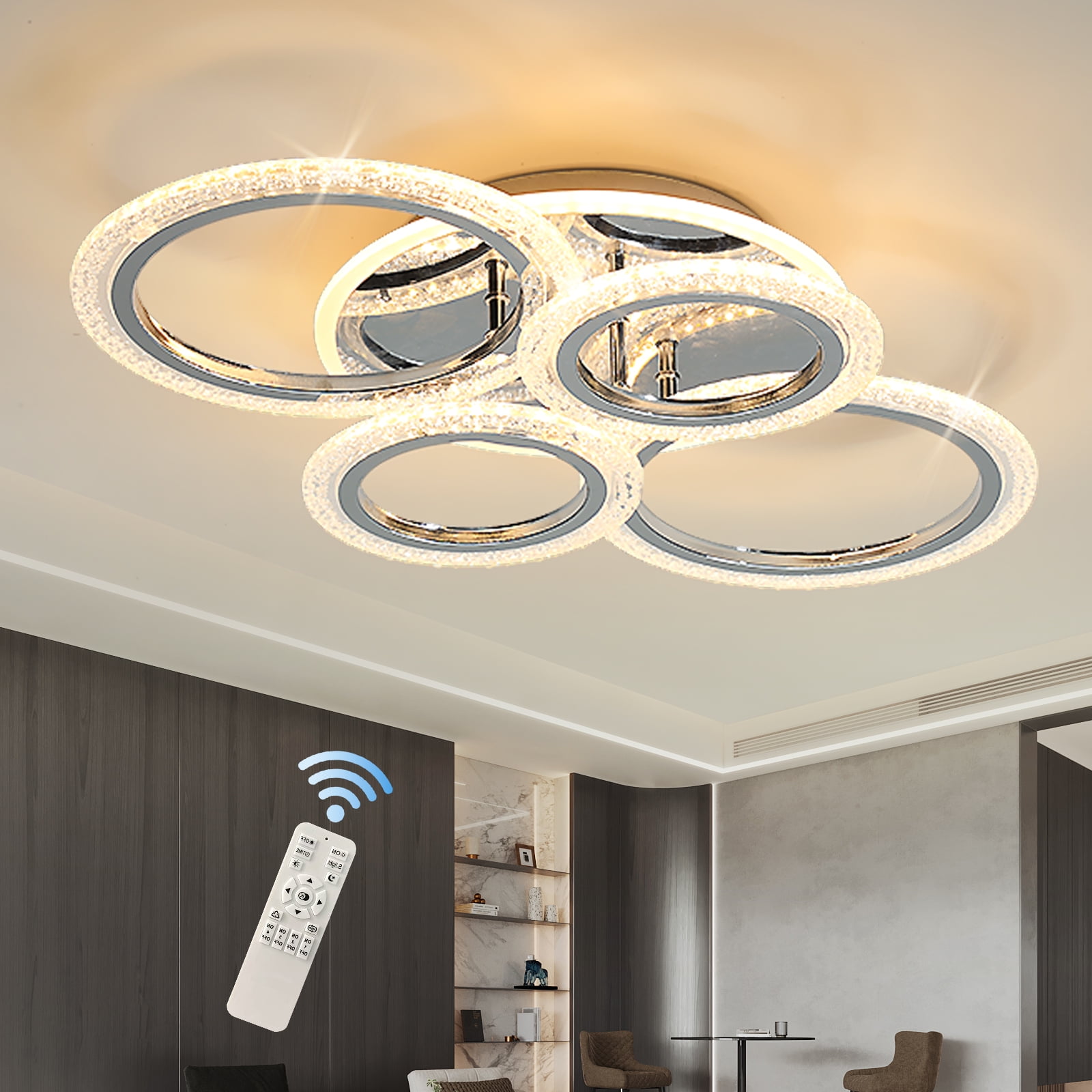 Garwarm Modern Ceiling Light 58W Dimmable Flush Mount LED Ceiling Lamp 4 Rings Acrylic Ceiling Chandelier for Living Room Dining Room Bedroom,Chrome