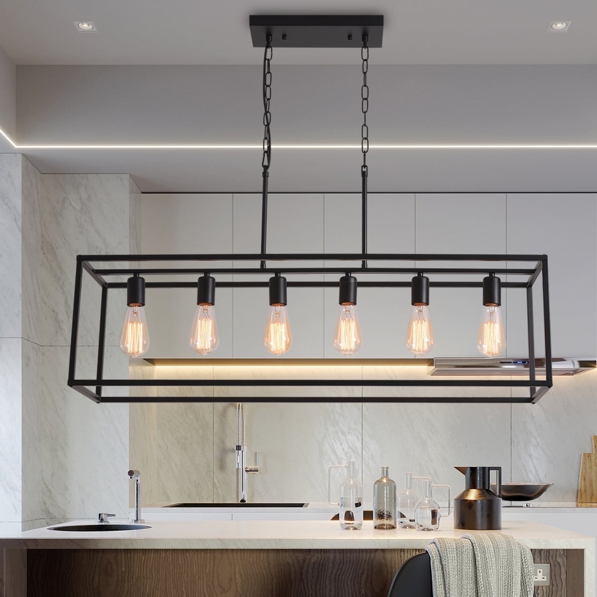 Garwarm Black Farmhouse Kitchen Island Lighting, Industrial Chandelier, 6-Light Rectangular Pendant Light Fixtures For Dining Room Bar Foyer(Metal, Height Adjustable)