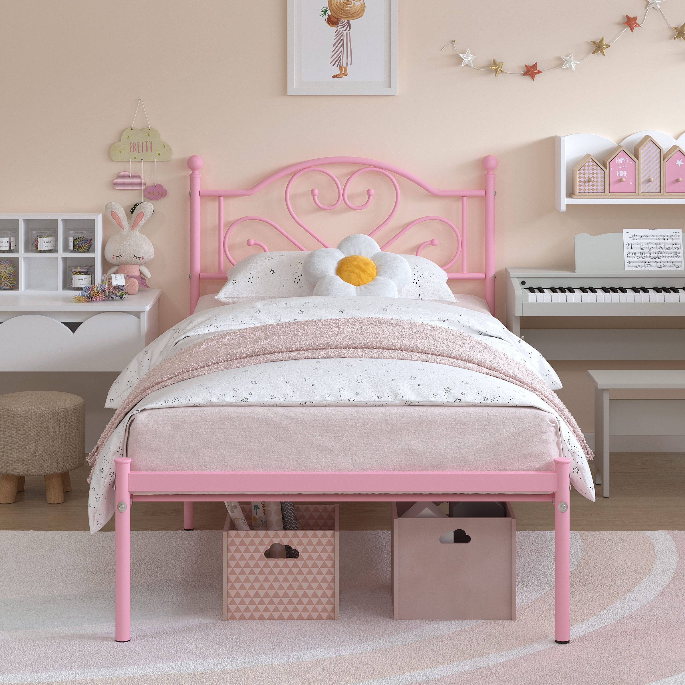 Garmic Twin Bed Frame for Girls Teen's Metal Platform Bed Frame with Vintage Headboard, Pink