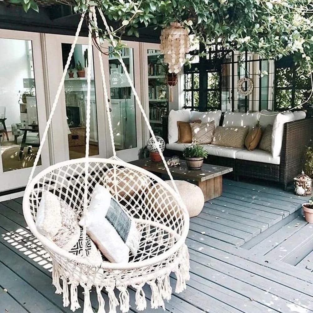 Garpans Hammock Chair Macrame Swing Chair Handmade Knitted Hanging Cotton Rope Chair for Indoor/Outdoor Home Patio Deck Yard Garden Reading Leisure Beige