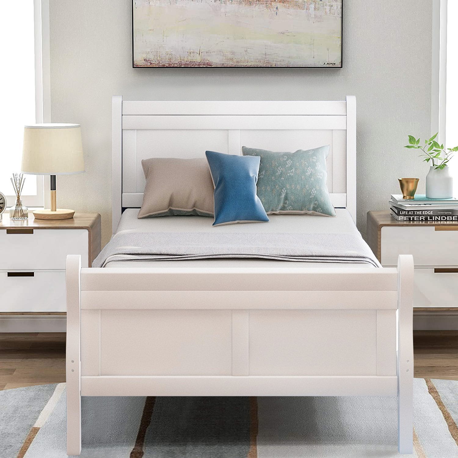 Gewnee Twin Size Wood Platfrom Bed with Headboard and Footboard for Kids and Adults,White