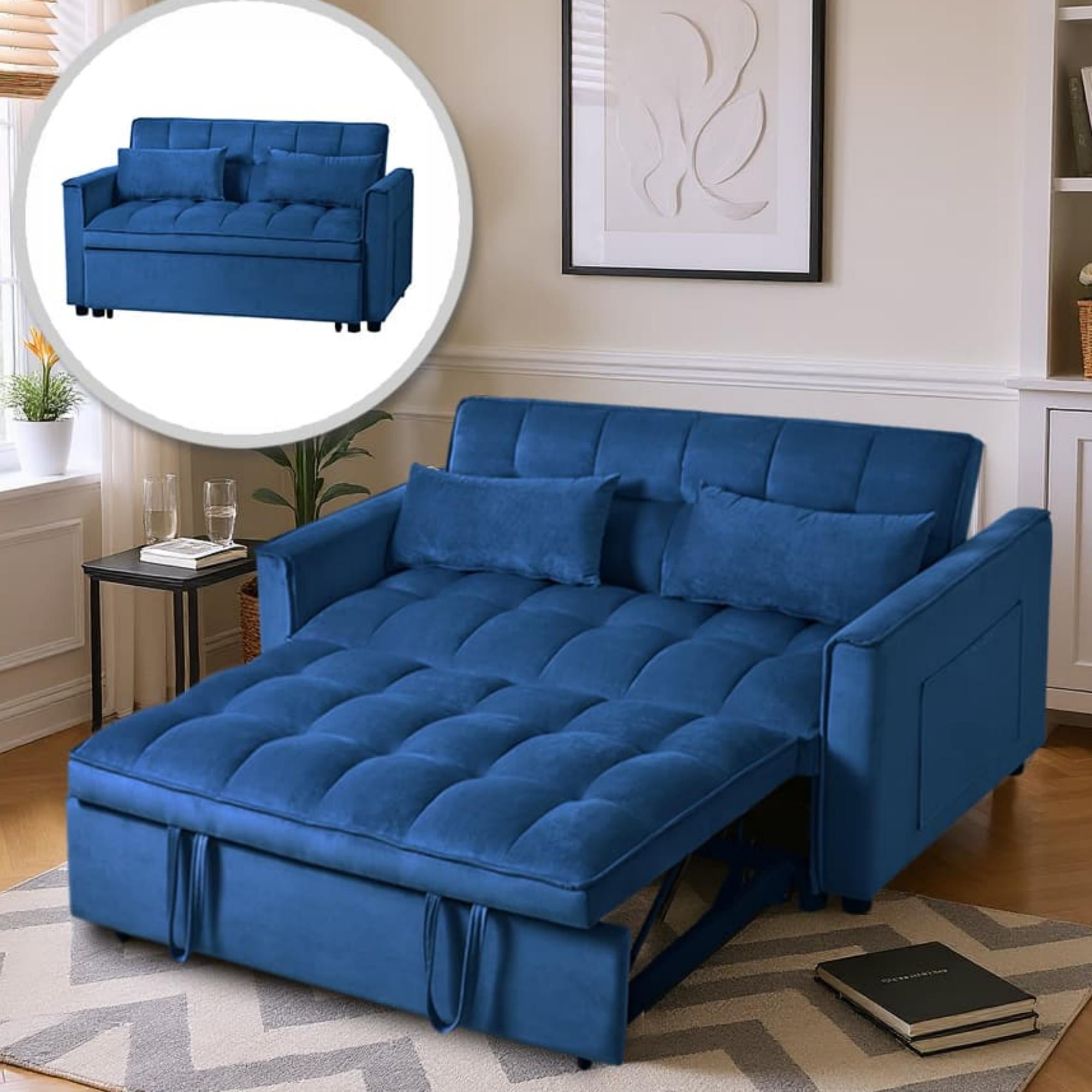 Gewnee 3 in 1 Convertible Sleeper Sofa Bed,Pull Out Couch Bed,Adjustable Backrest,Loveseat with Pillows & Pockets for Living Room,Apartment.Navy Blue
