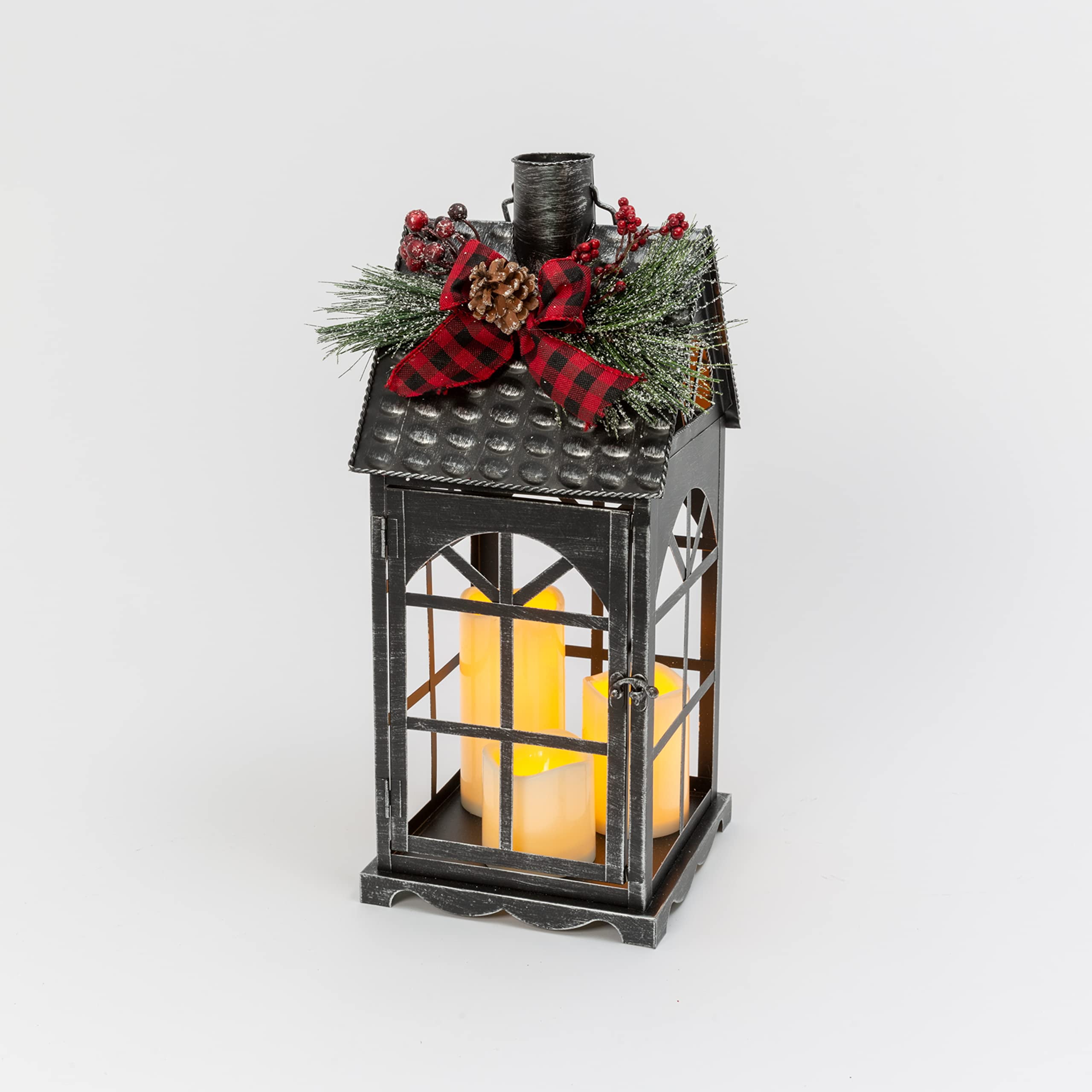 Gerson 2601400 Battery Operated Lighted Metal Holiday Lantern with LED Candle and Floral Accent 18.9" H