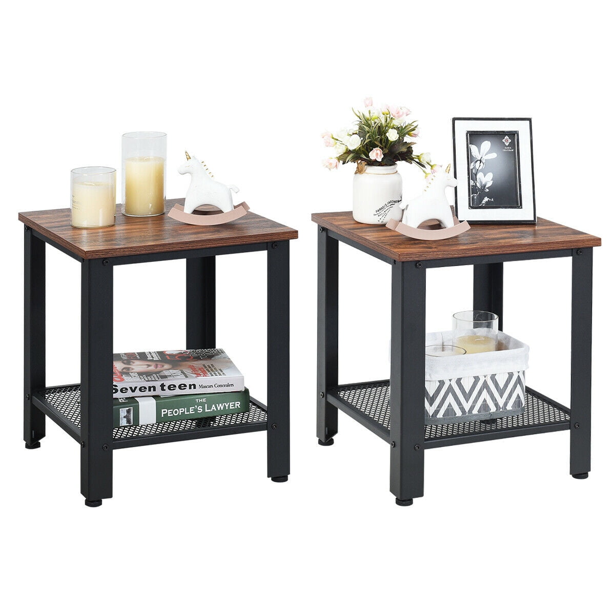 Gymax Wood and Metal Side Table (Set of 2), Brown/Black