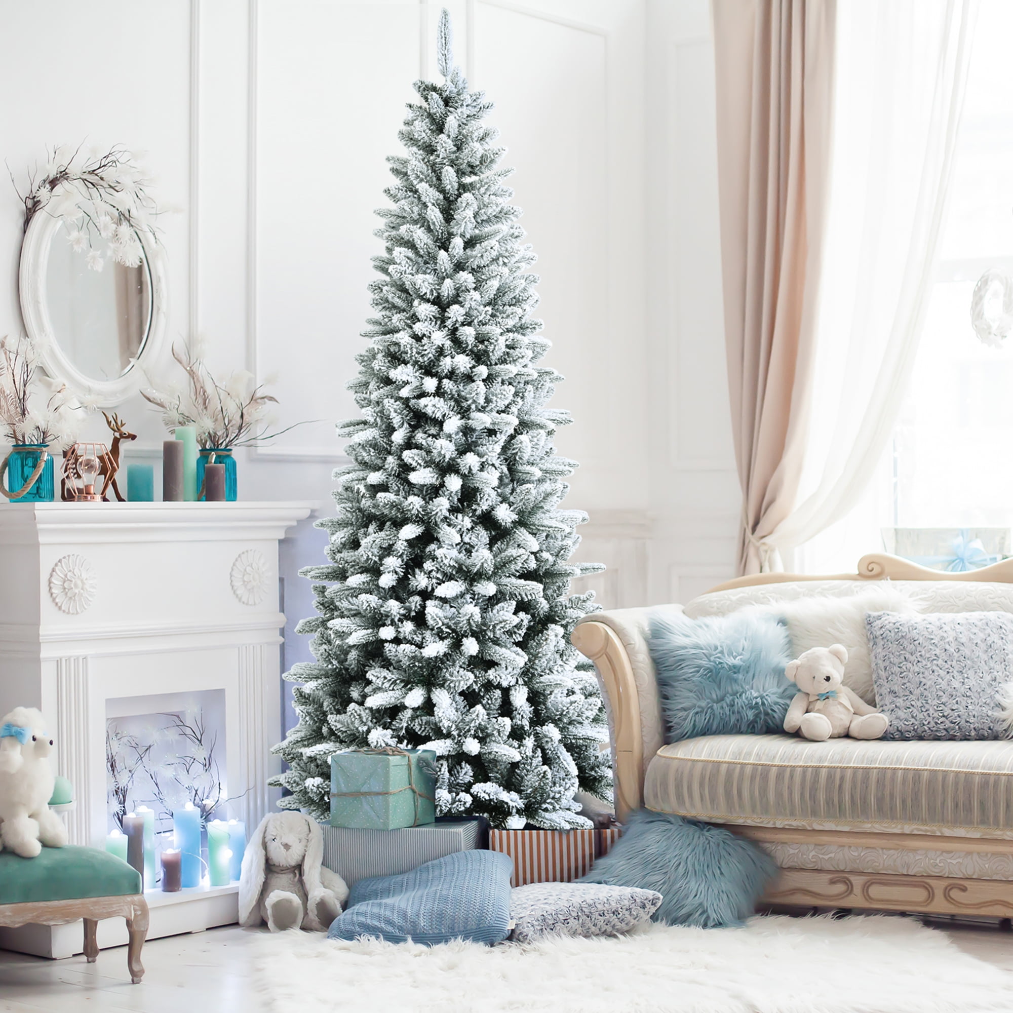 Gymax Green Snow Flocked Slim Pencil Unlit Artificial Christmas Tree, 7.5'