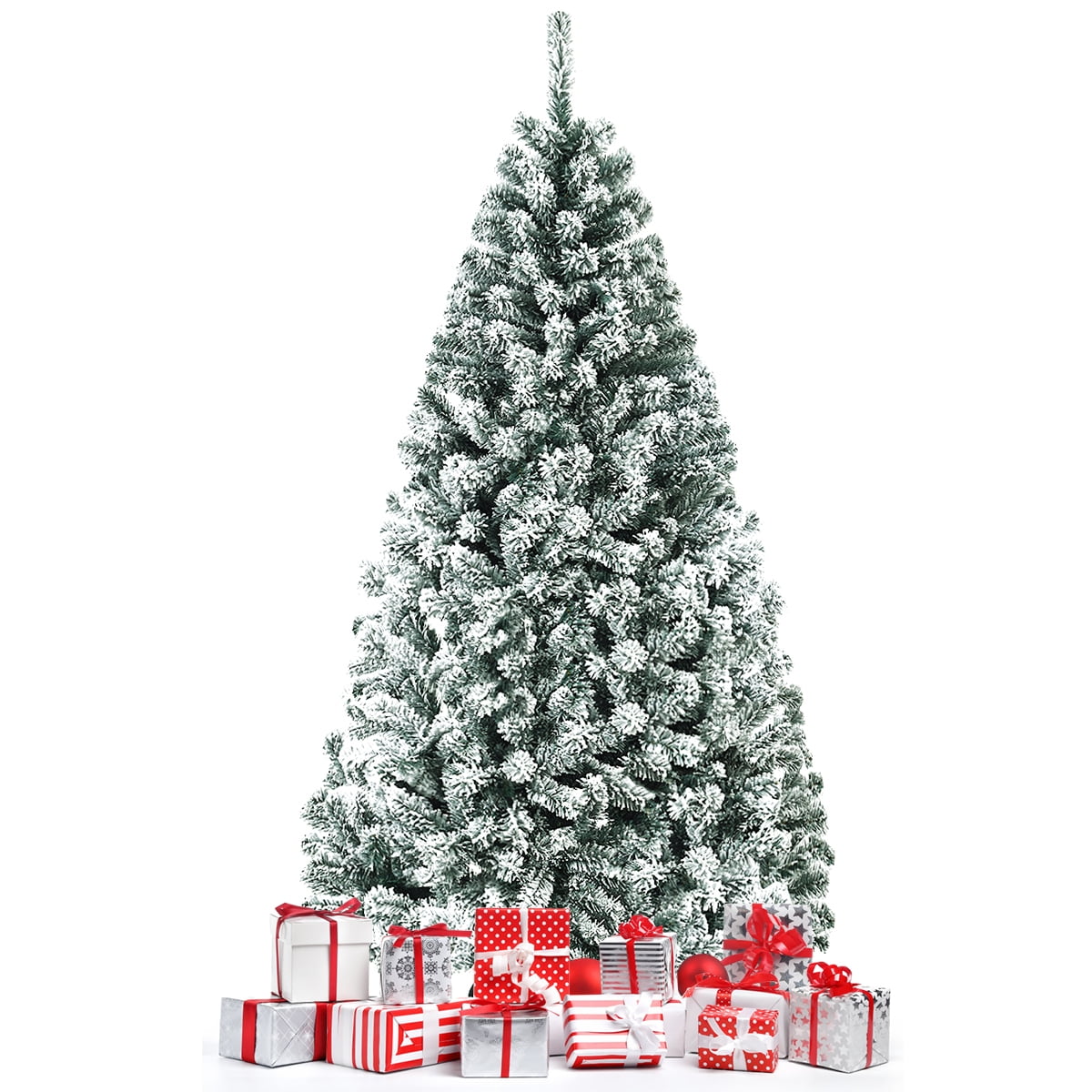 Gymax Green Unlit Snow Flocked Hinged Full Artificial Holiday Décor Christmas Tree, 6'