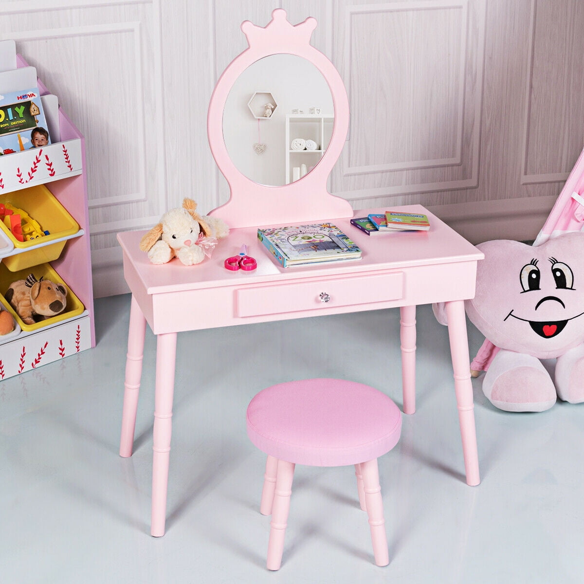 Gymax Kids Vanity Makeup Table & Chair Set Make Up Stool Play Set for Children Pink