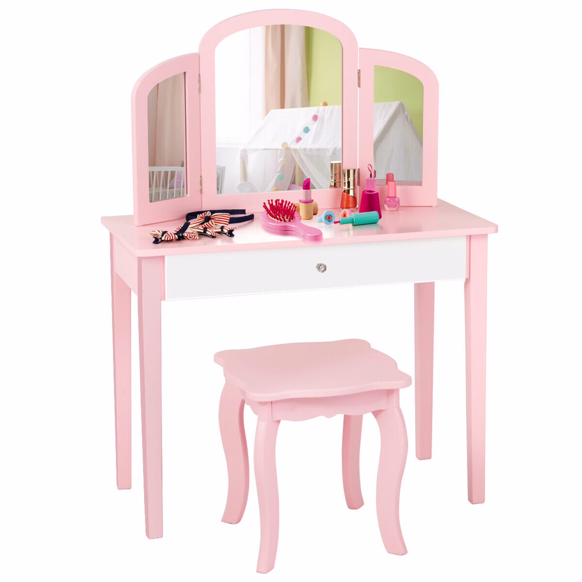 Gymax Kids Vanity Princess Make Up Dressing Table W/ Tri-folding Mirror & Chair Pink