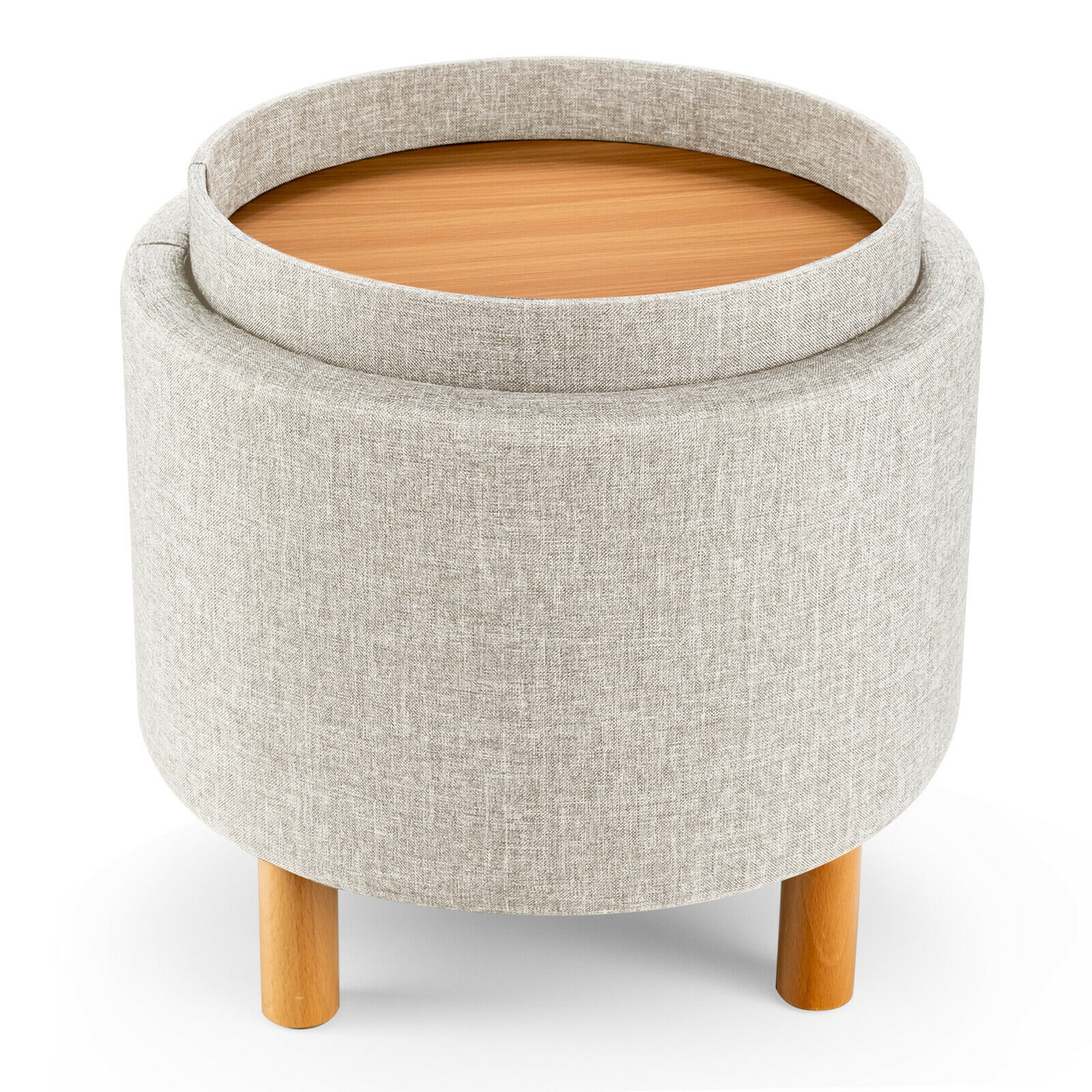 Gymax Round Storage Ottoman w/Tray Top Accent Padded Footrest w/Wood Legs Beige