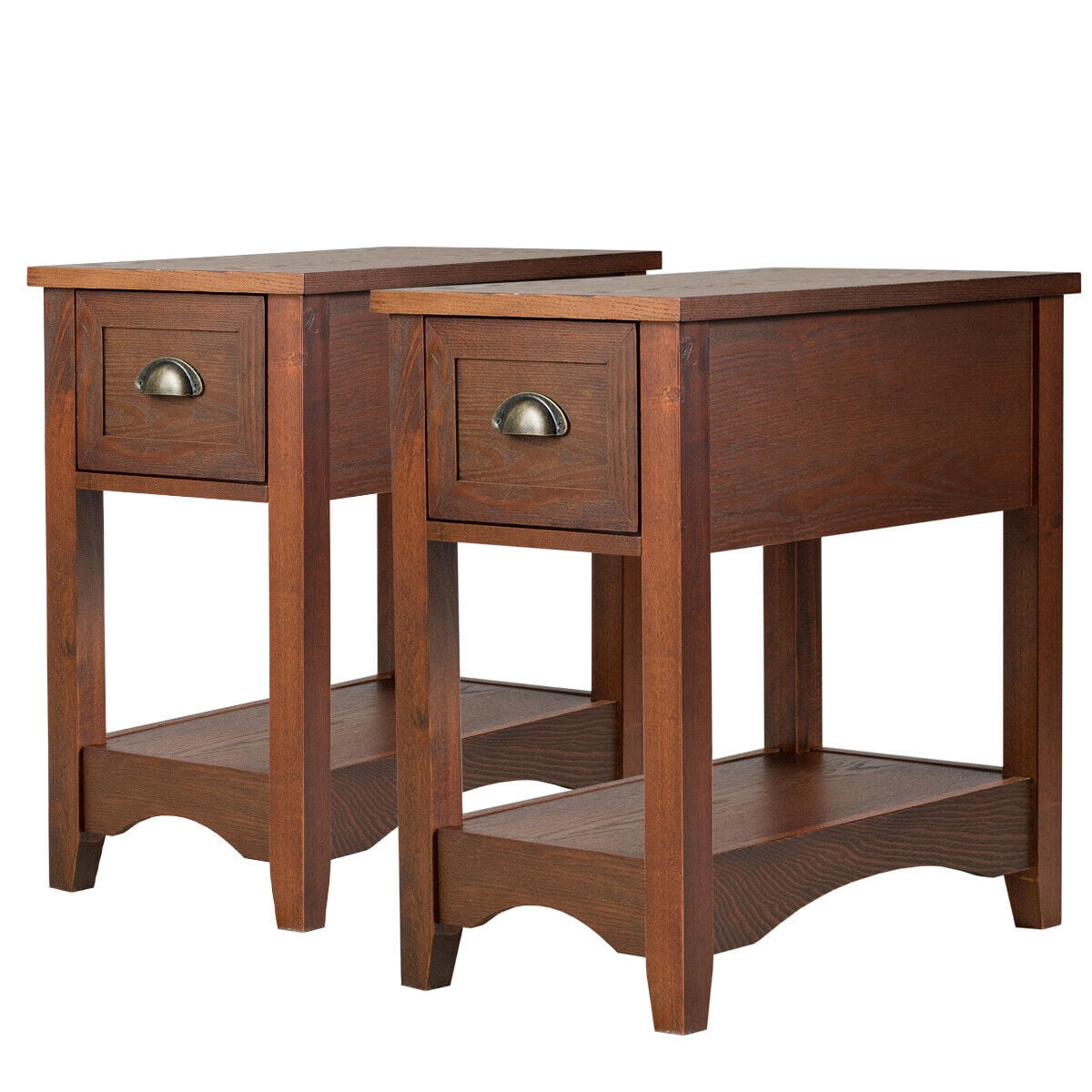 Gymax Set of 2 Contemporary Side End Table Compact Table w/ Drawer Nightstand Walnut