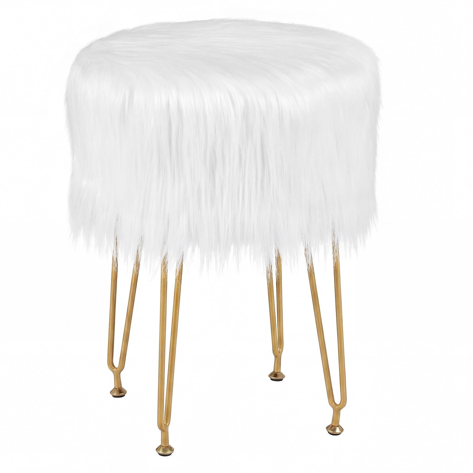 Gymax Vanity Chair Makeup Stool Furry Padded Seat Round Ottoman White
