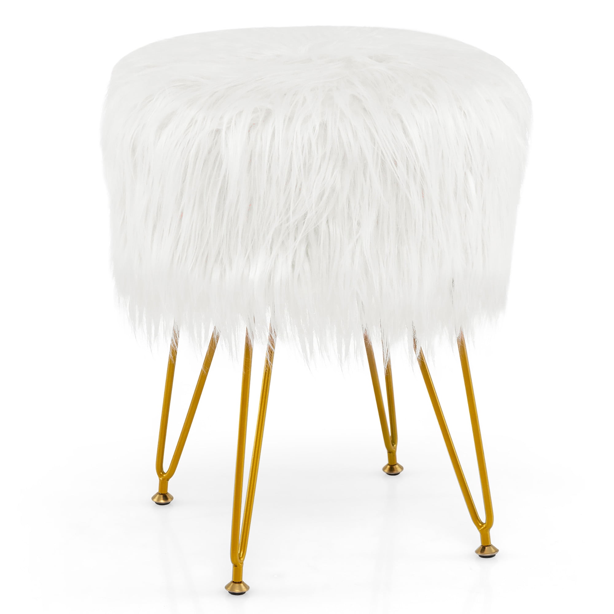 Gymax Vanity Chair Makeup Stool Furry Padded Seat Round Ottoman White