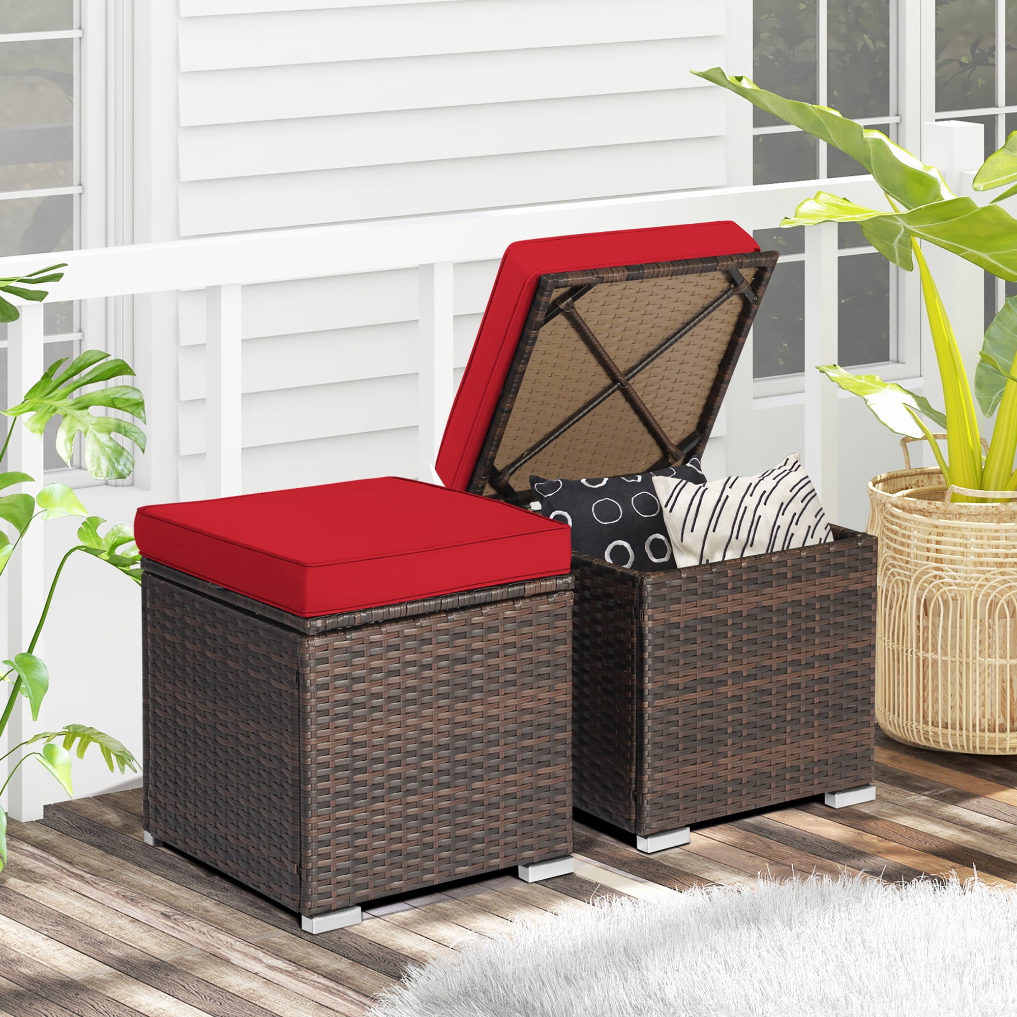 Gymax 2PCS Outdoor Patio Ottomans Hand-Woven PE Wicker Footstools w/ Removable Cushions Red