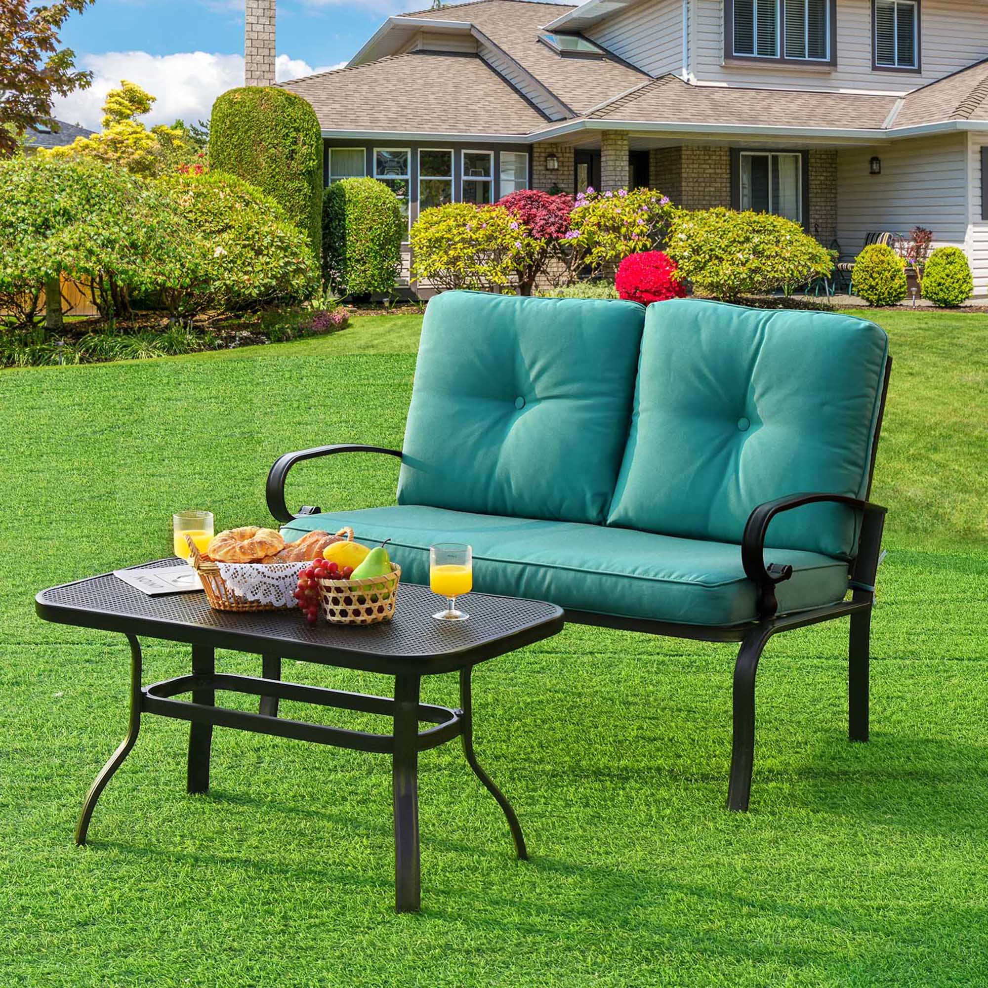 Gymax 2PCS Patio Loveseat & Table Set Conversation Sofa Set w/ Turquoise Cushions