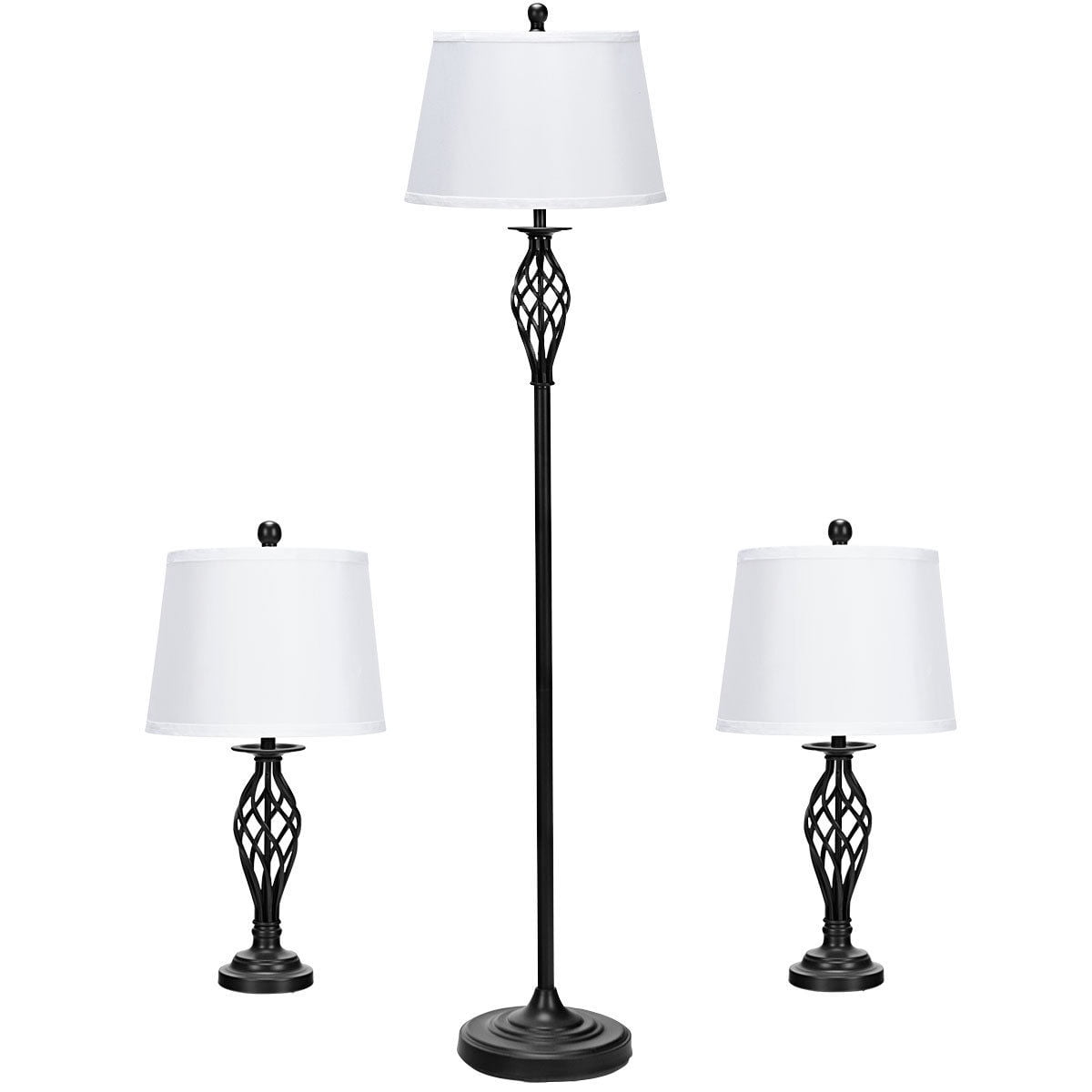 Gymax 3-Piece Lamp Set 2 Table Lamps 1 Floor Lamps Living Room Bedroom Fabric Shade