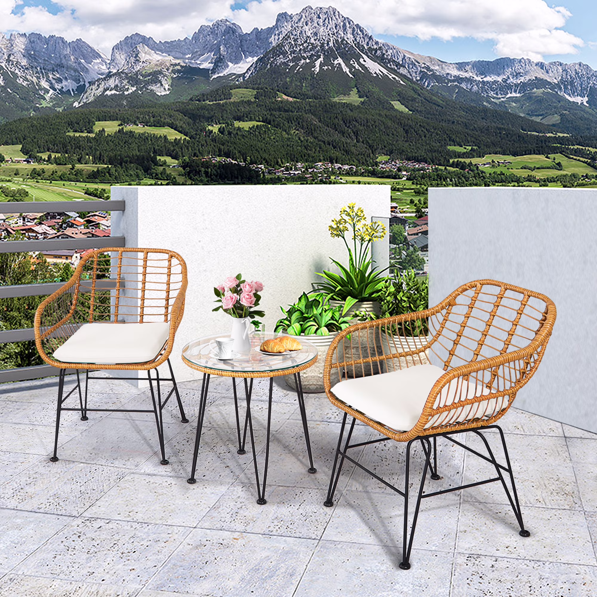 Gymax 3PCS Rattan Patio Bistro Set Conversation Furniture Set w/ White Cushions