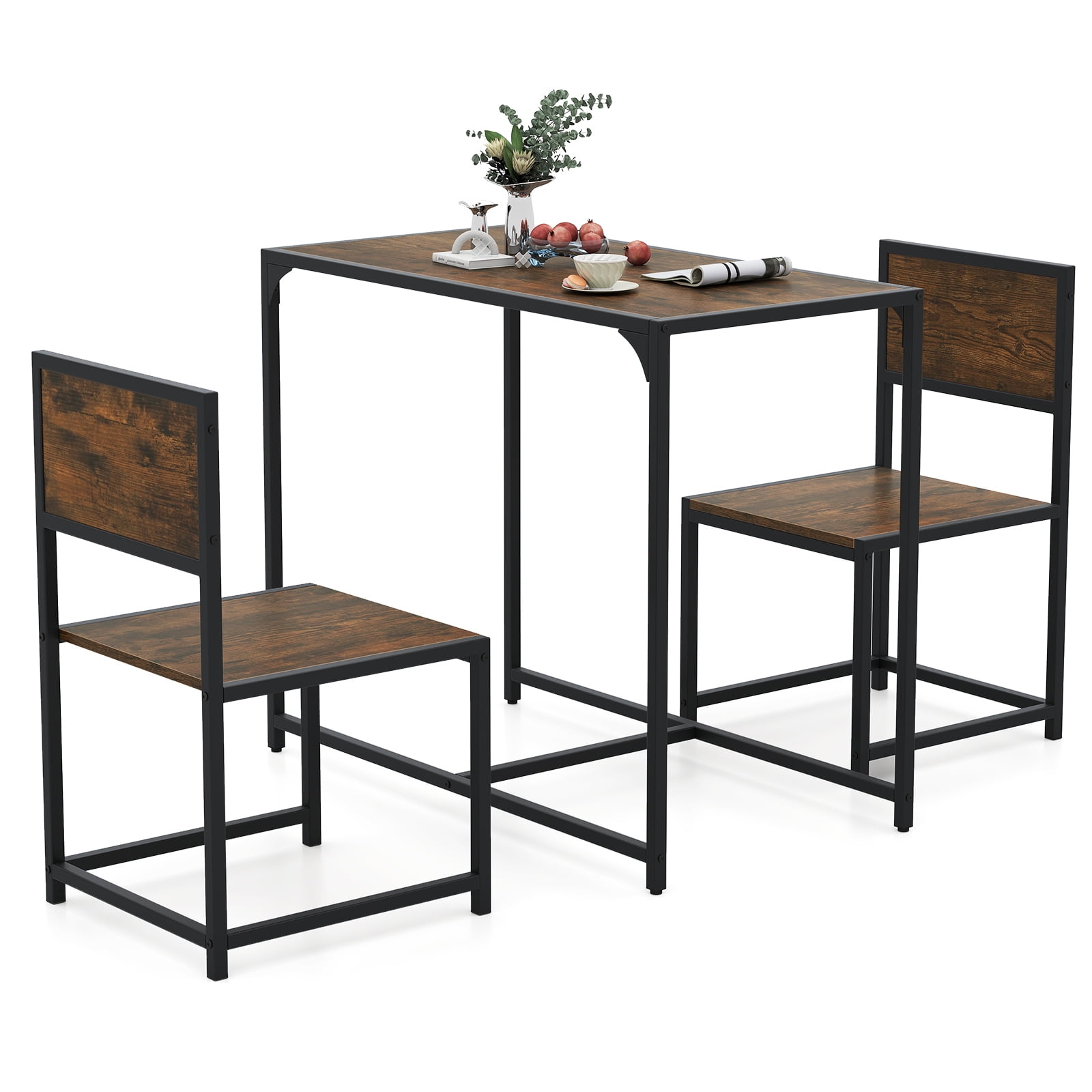 Gymax 3 Piece Dining Table Set Industrial Rectangular Kitchen Table & 2 Chairs w/ Metal Frame & Low Back