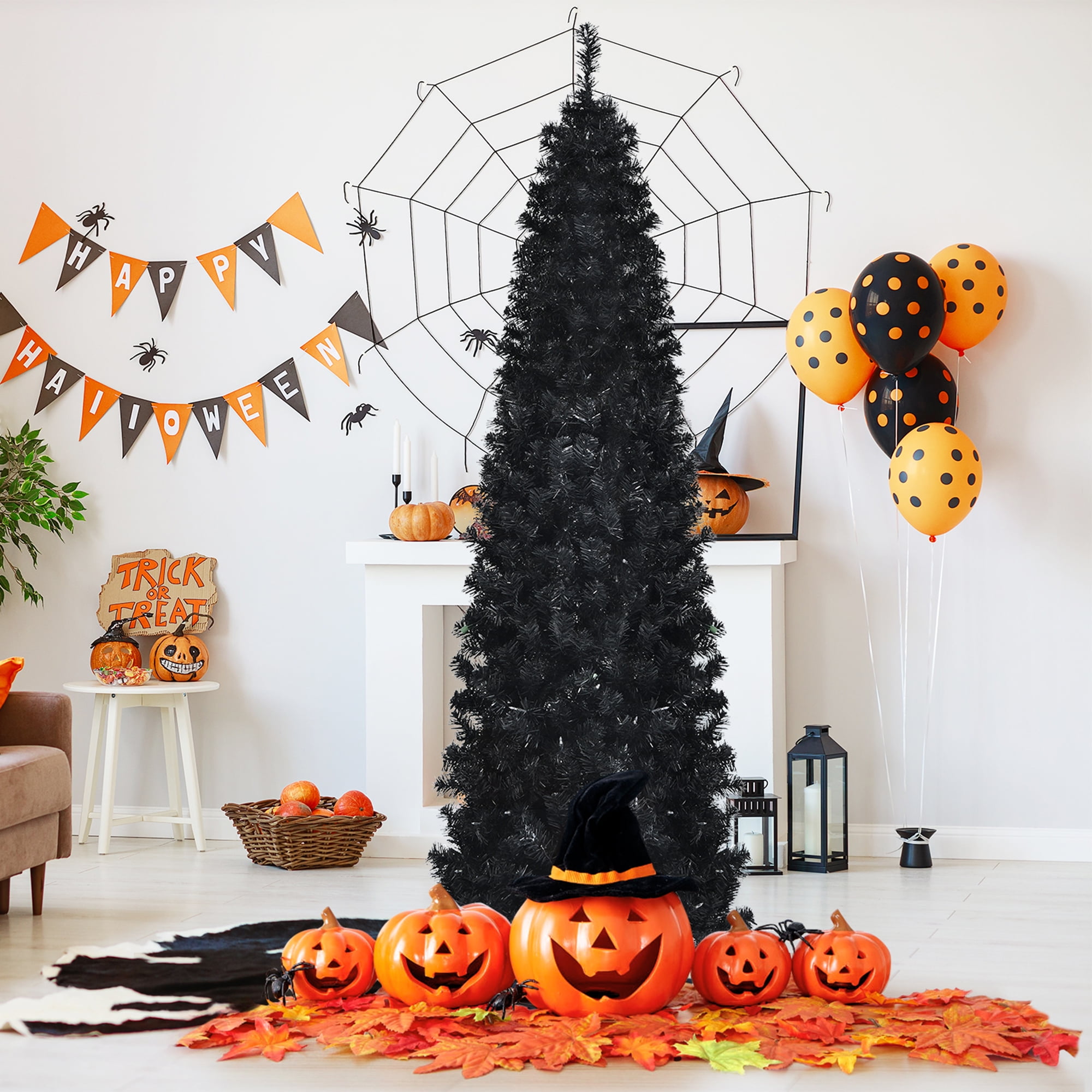 Gymax 7 ft Artificial PVC Slim Pencil Christmas Tree Pre-lit Black Halloween Tree