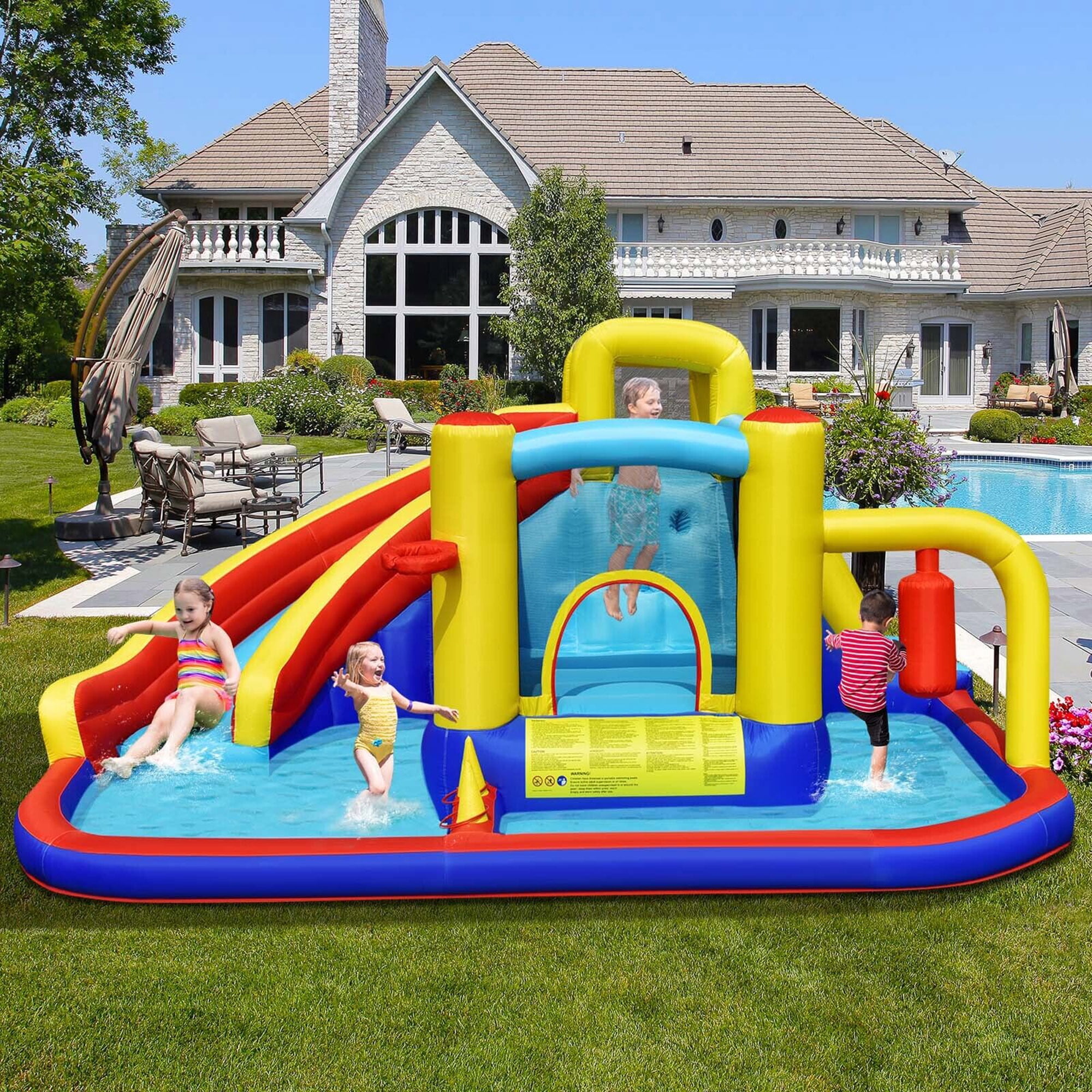 Gymax 7-in-1 Inflatable Water Slide Park Castle for Kids, with 735W Air Blower, Multicolor