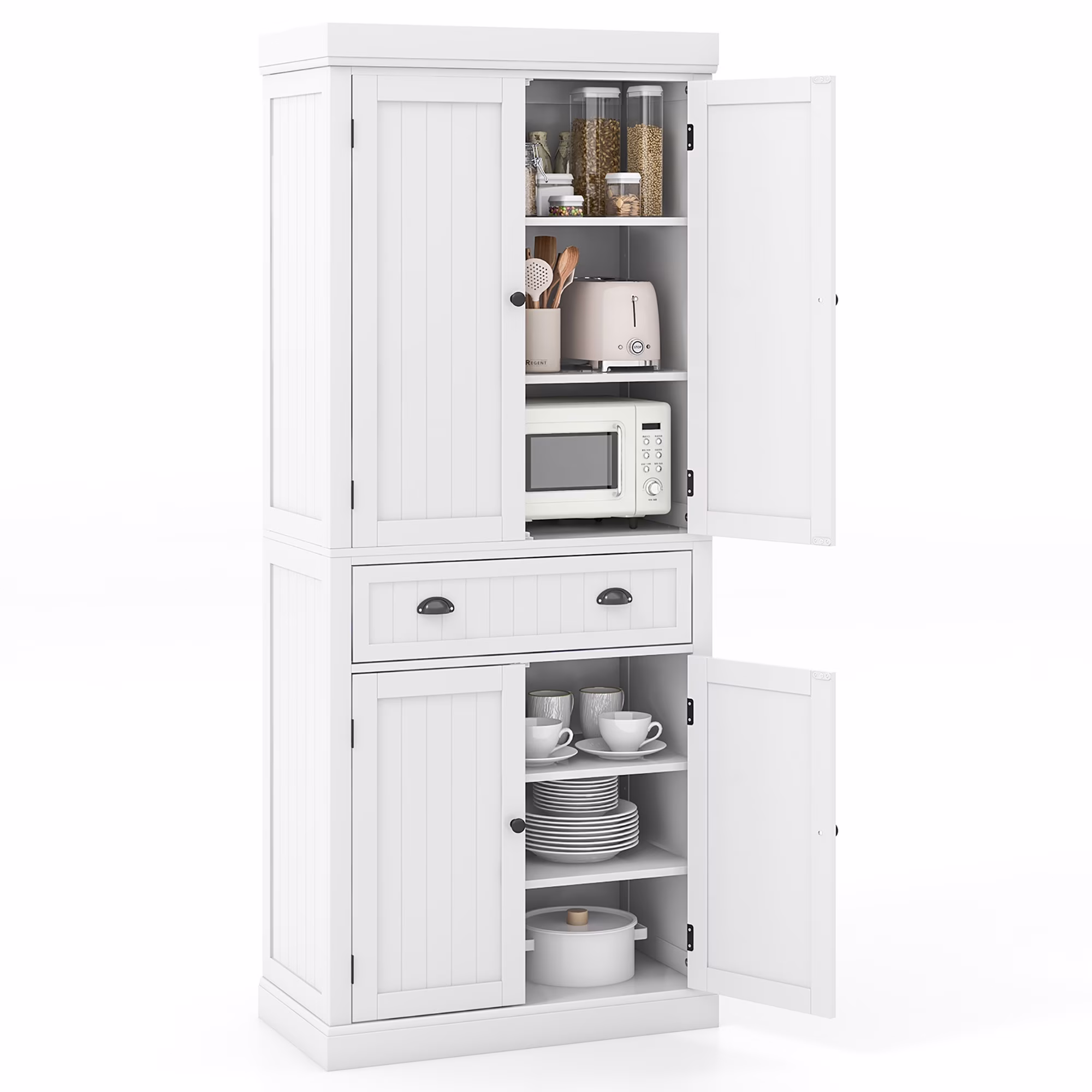 Gymax 72'' Kitchen Pantry Storage Cabinet Tall Freestanding Cupboard w/ 4 Doors Large Drawer White