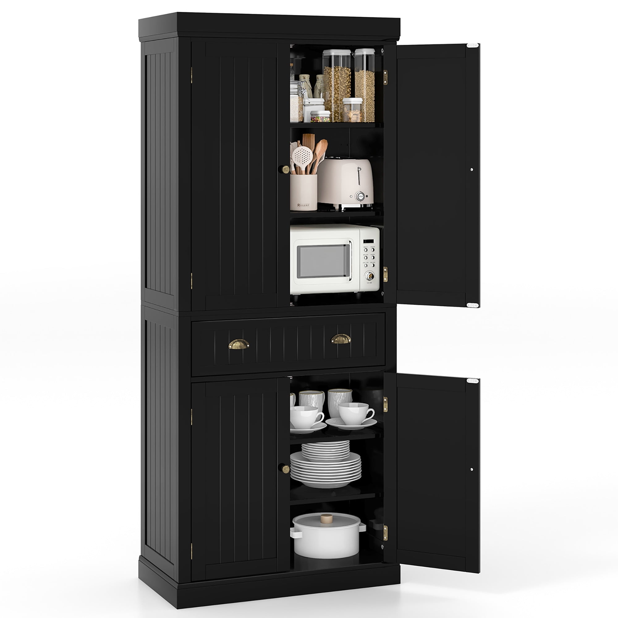 Gymax 72'' Kitchen Pantry Storage Cabinet Tall Freestanding Cupboard w/ 4 Doors Large Drawer Black