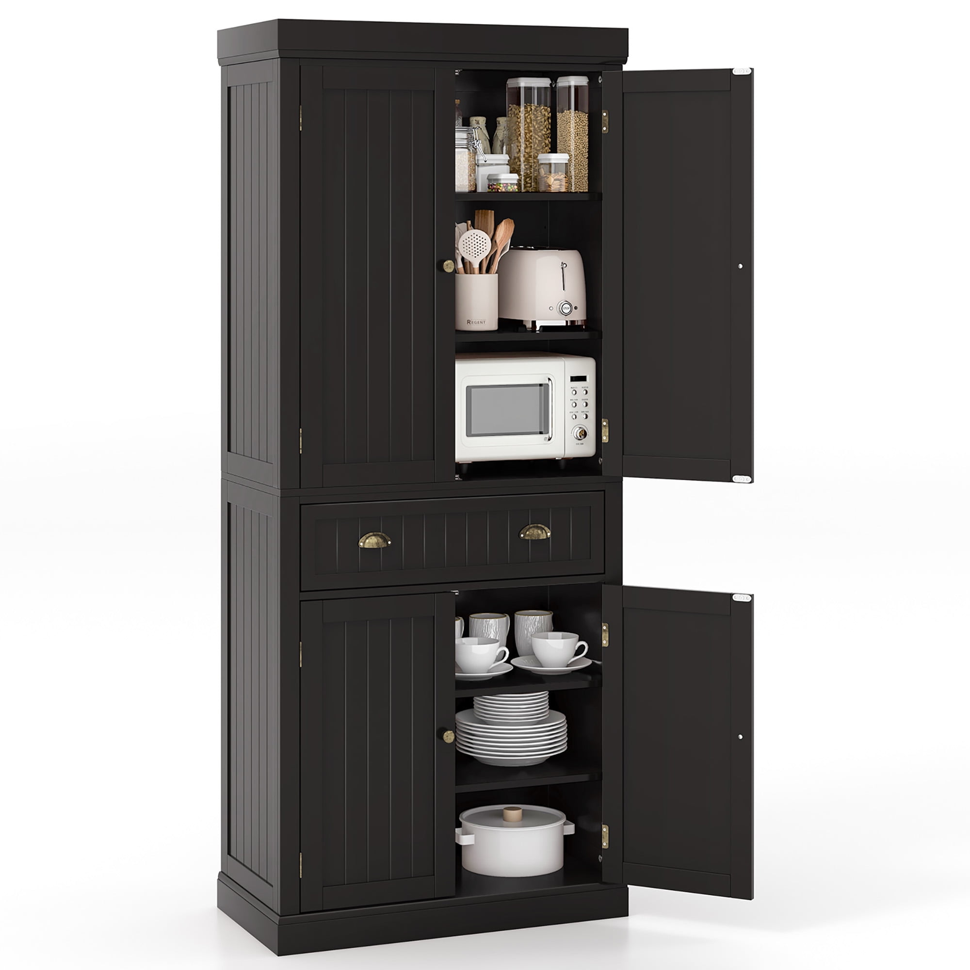 Gymax 72'' Kitchen Pantry Storage Cabinet Tall Freestanding Cupboard w/ 4 Doors Large Drawer Brown