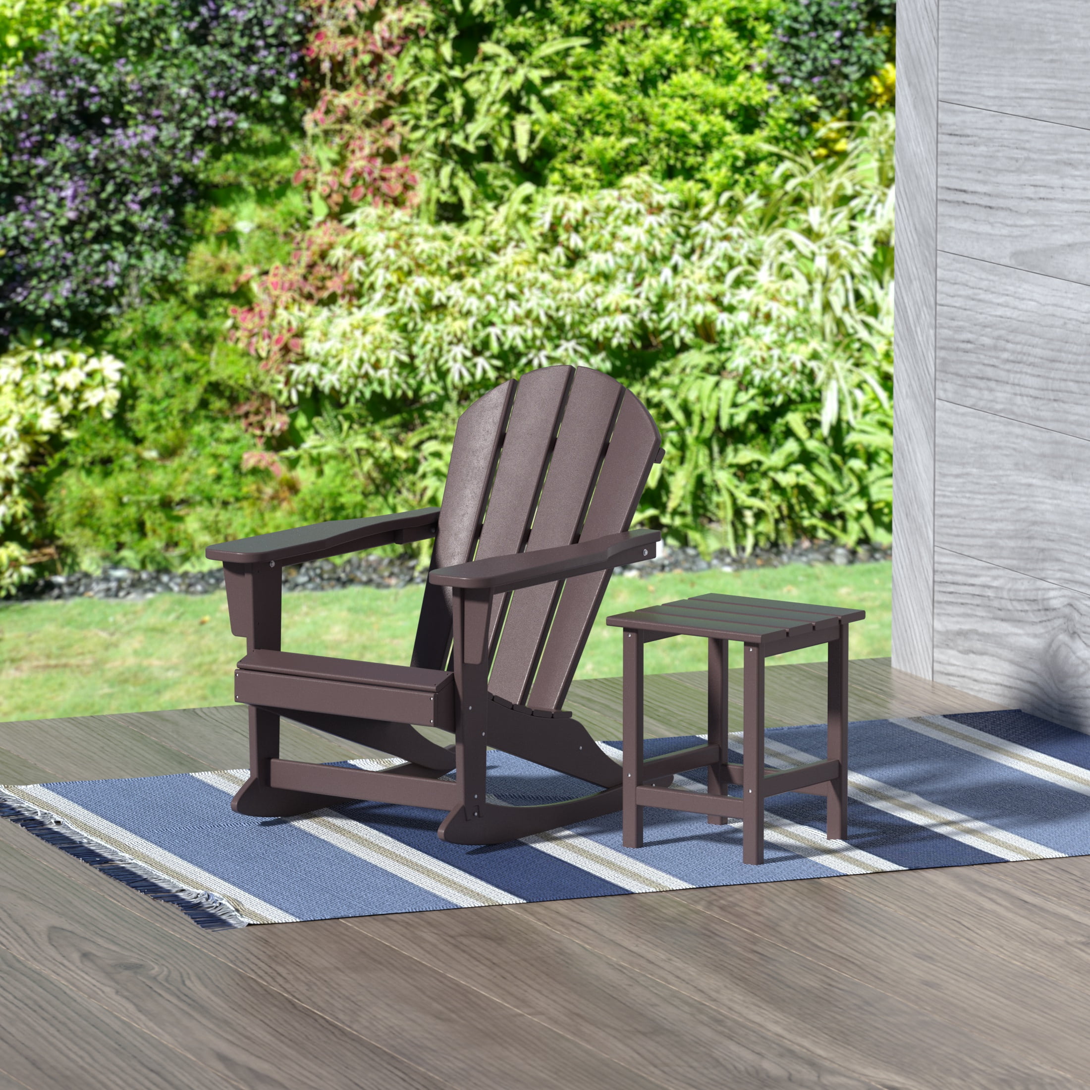 GARDEN 2-Piece Set Plastic Outdoor Rocking Chair with Square Side Table Included, Dark Brown