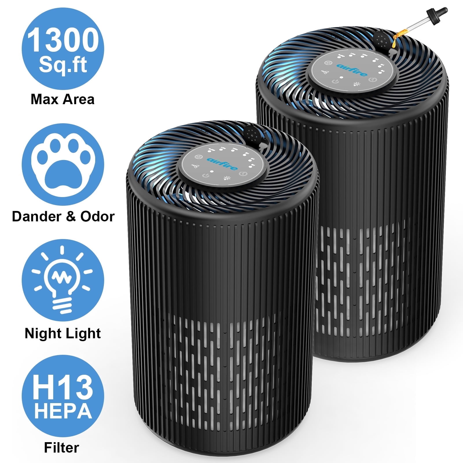 AIRFIRE HEPA Air Purifier for Home up to 1300 Sq.ft, Air Purifiers for Allergies and Asthma, Bedroom, Pet Dander&Odor, Dust, Pollen, Wildfire/Smoke, Model AP201, Black,2 pcs/ case