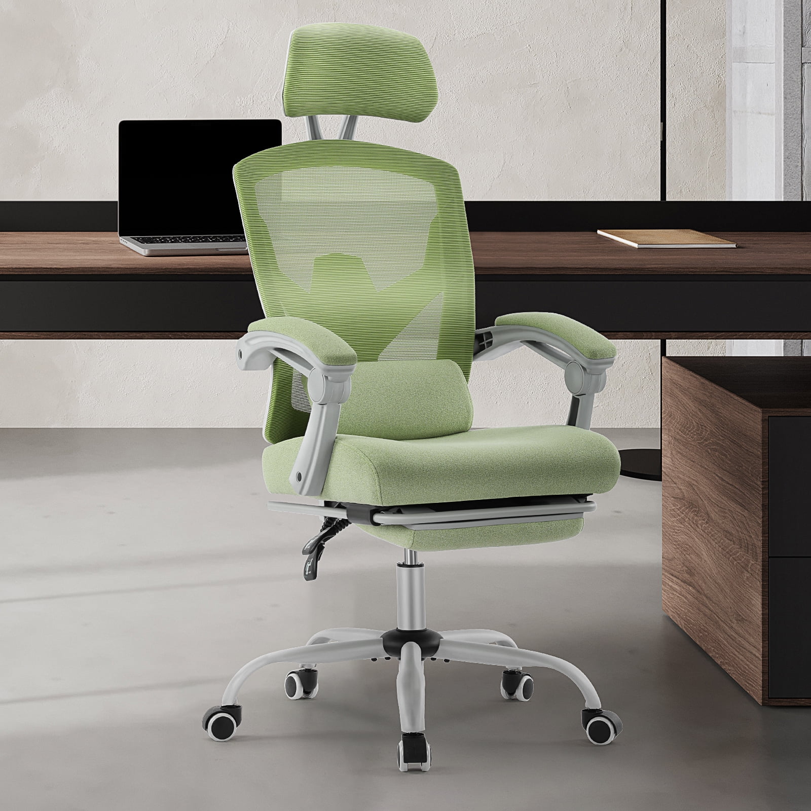 GIANNA Ergonomic Office Chair - High Back Mesh, Reclining with Lumbar Support, Adjustable Headrest, Footrest & Padded Arms, Green