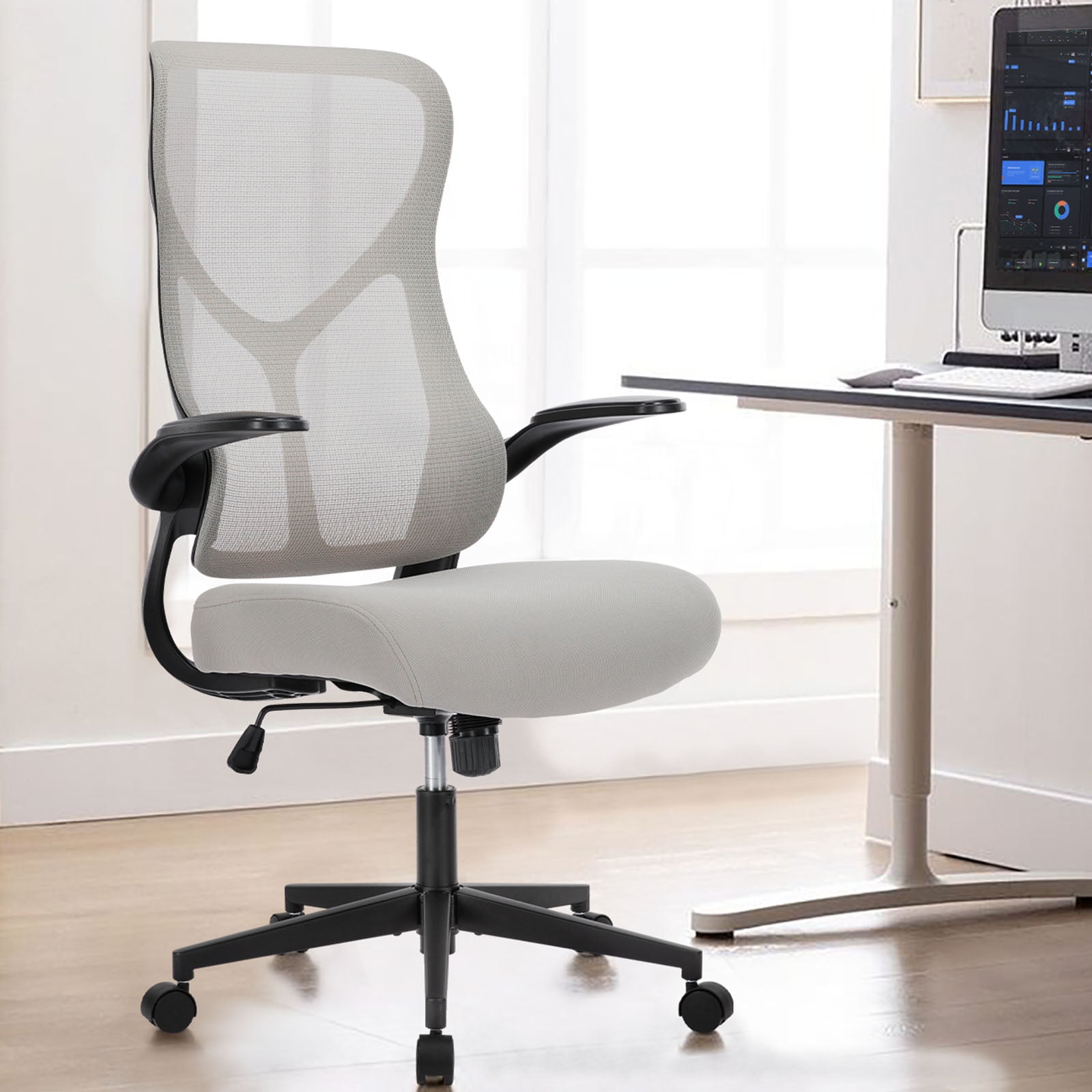 GIANNA Mesh Ergonomic Office Desk Chair, High Back Swivel Computer Chair, With 2D Headrest, Up&Down Lumbar Support, Adjustable Flip-up Armrests, Gray