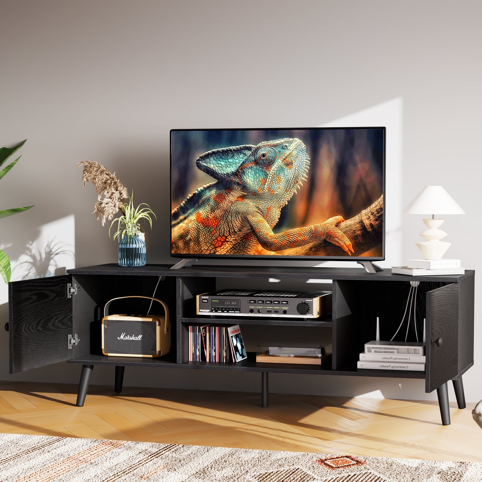 CONCETTA Wood TV Stand with 2 Storage Cabinets, Modern Entertainment Center for TVs up to 60 inches, Media Console with Adjustable Shelves and Cable Management, Black