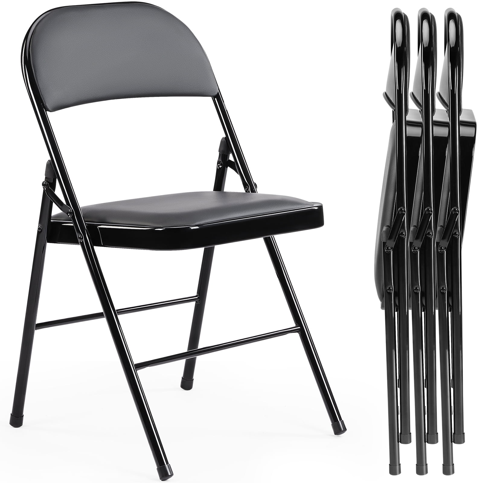 JIOABL 4 Folding Chairs, Sturdy Metal Frame, Waterproof Pu Leather, For Office, Kitchen, Dining Room, Weddings, Terrace, Garden, Black