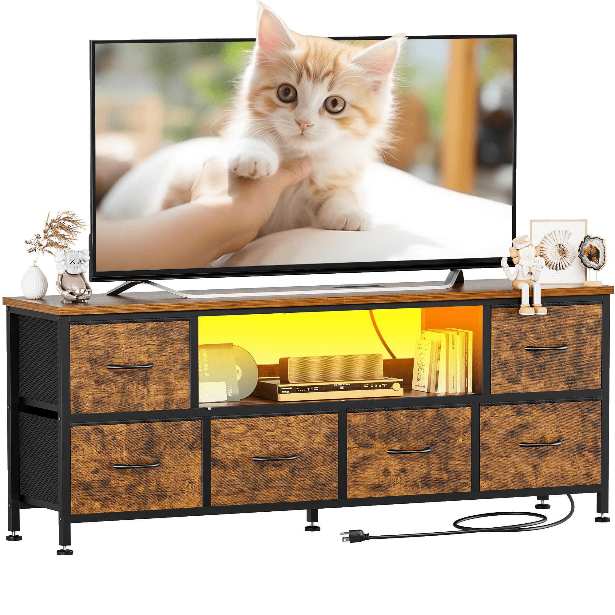 GIKPAL Dresser TV Stand with 6 Drawers, TV Stands for 55 inch TV, Brown Dresser Chest of Drawers, Fabric Dresser with LED Lights and Outlets
