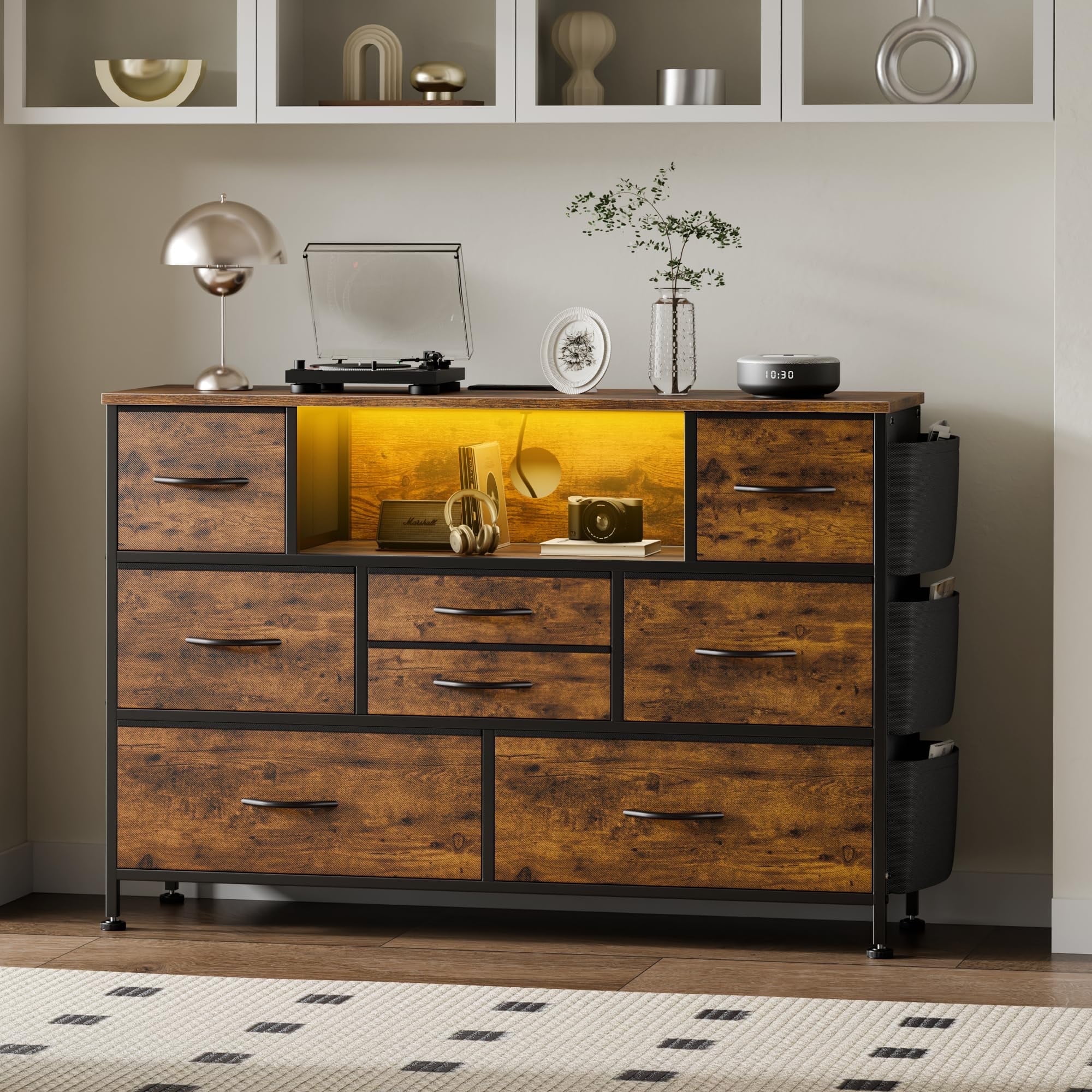 GIKPAL Dressers for Bedroom, 8 Drawer Dresser with LED Lights, Chest of Drawers with Side Pockets & Power Outlet Ports, Storage Drawers Nightstand, Bedroom Furniture Brown