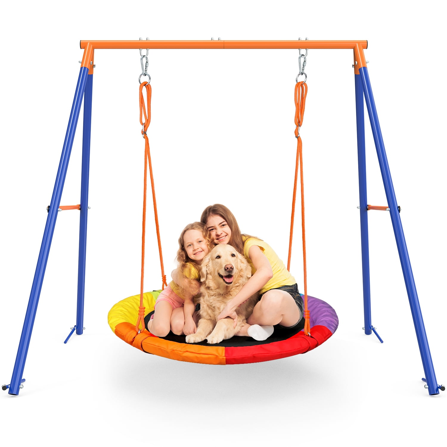GIKPAL Swing Sets for Outside 440lbs Swing Set for 2-3 Kids Outdoor with Heavy-Duty Metal Frame & Adjustable Ropes Round Swing, Rainbow