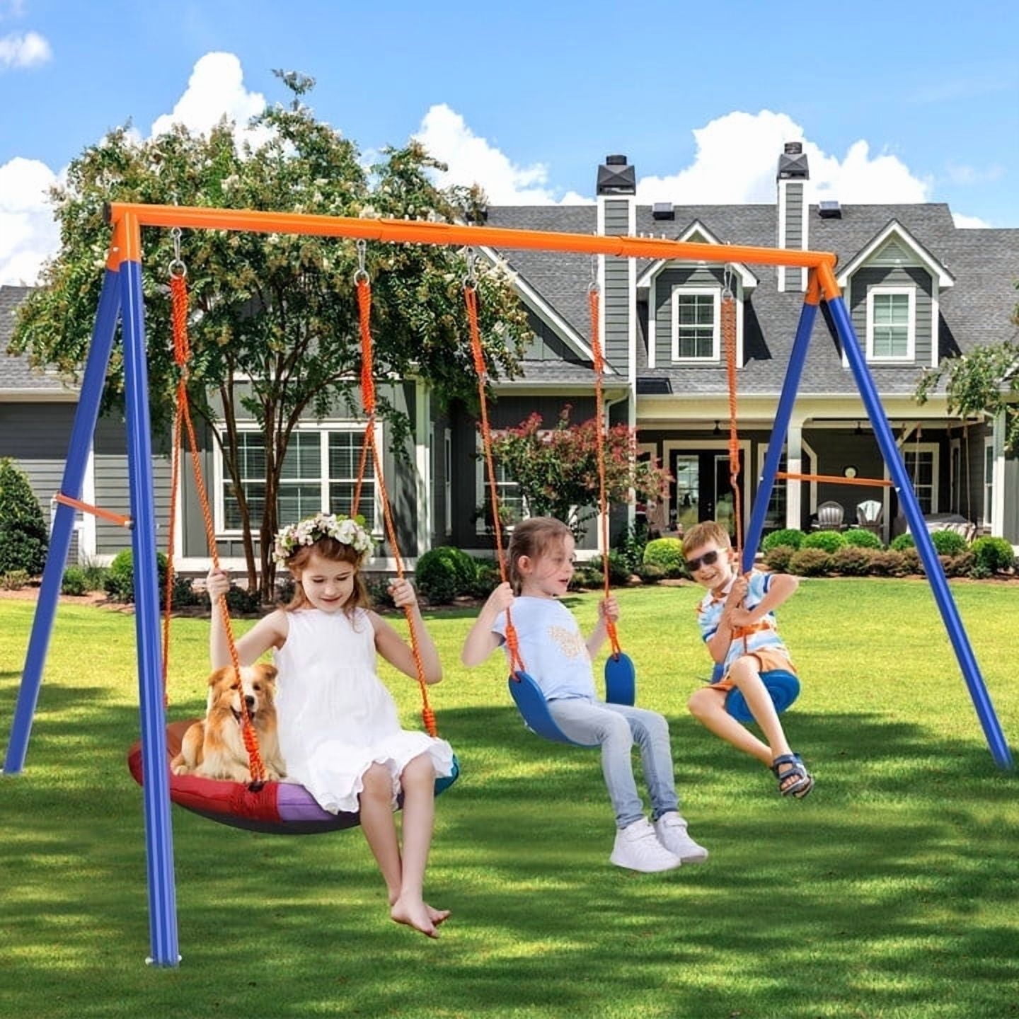 GIKPAL 3-in-1 Swing Set, 550 lbs Swing Set for Outside, Heavy Duty Metal Swing with A-Frame, Waterproof material, Adjustable Ropes Round Swing for Backyard