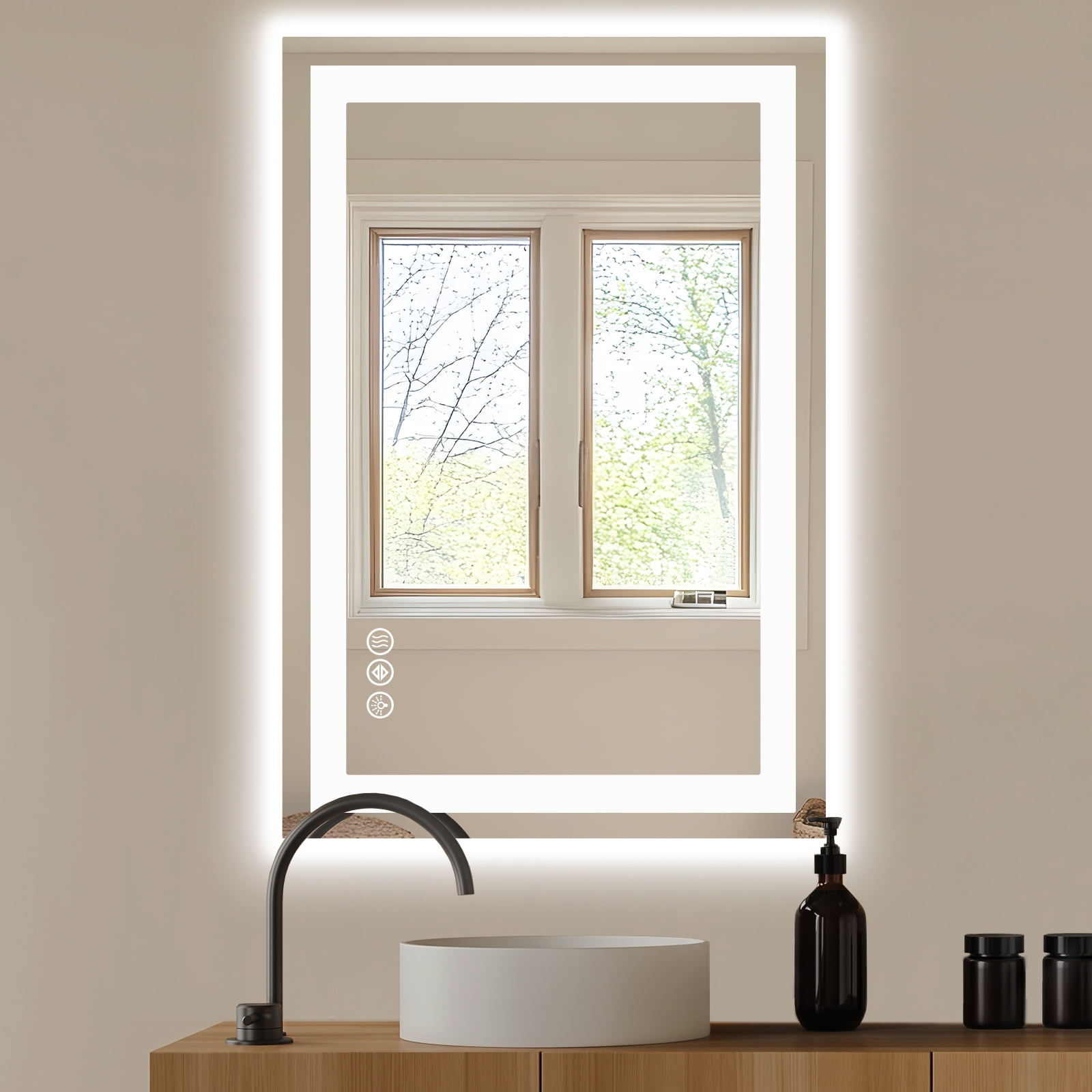 GINNA 24"X36" Anti-fog LED Bathroom Mirror with Dual Light Source and Three Lighting Modes, White