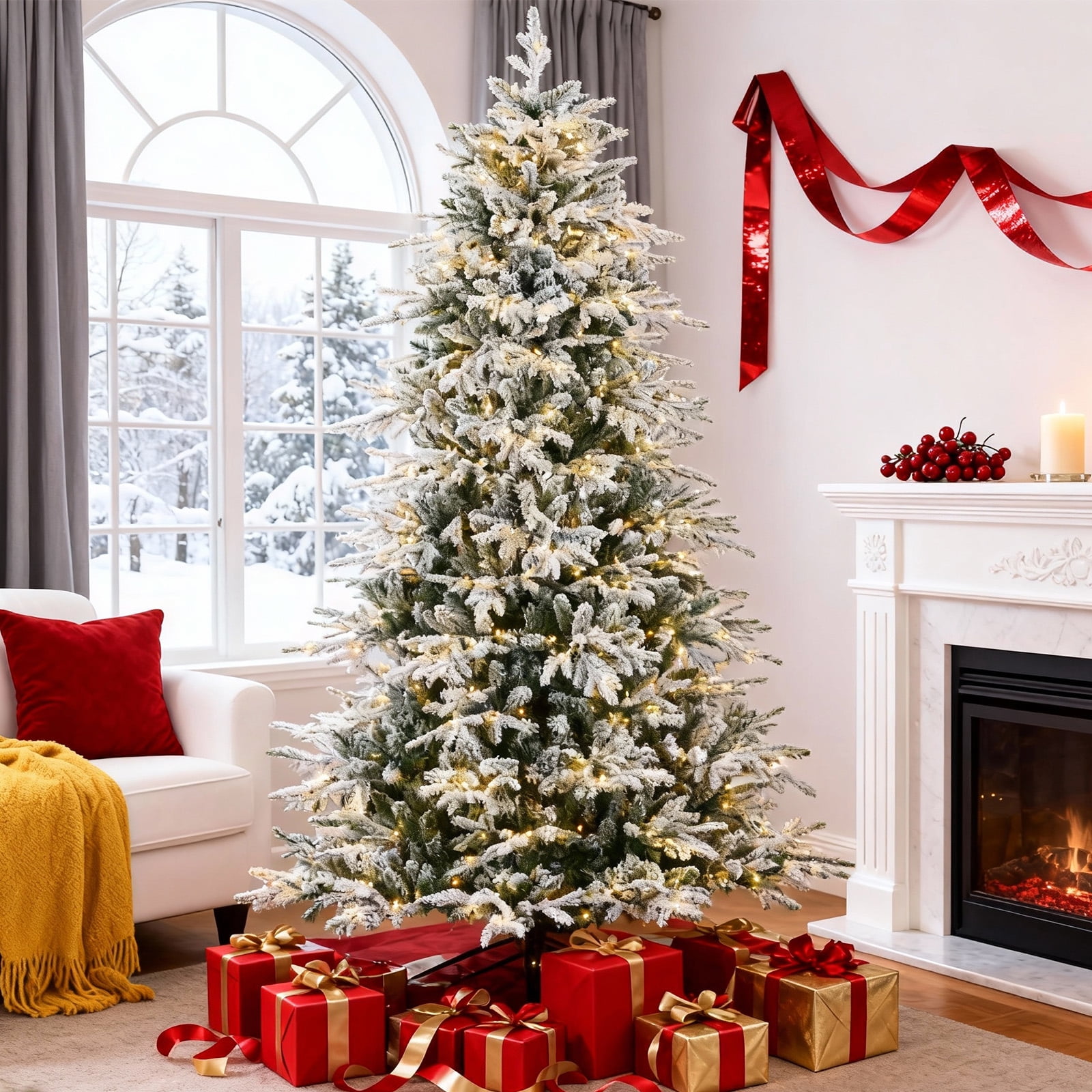 Vebreda 6ft Pre-Lit Flocked Artificial Aspen Noble Fir Christmas Tree with 1,350 Branch Tips & 300 LED Lights, Hinged Artificial Holiday Tree with Metal Stand