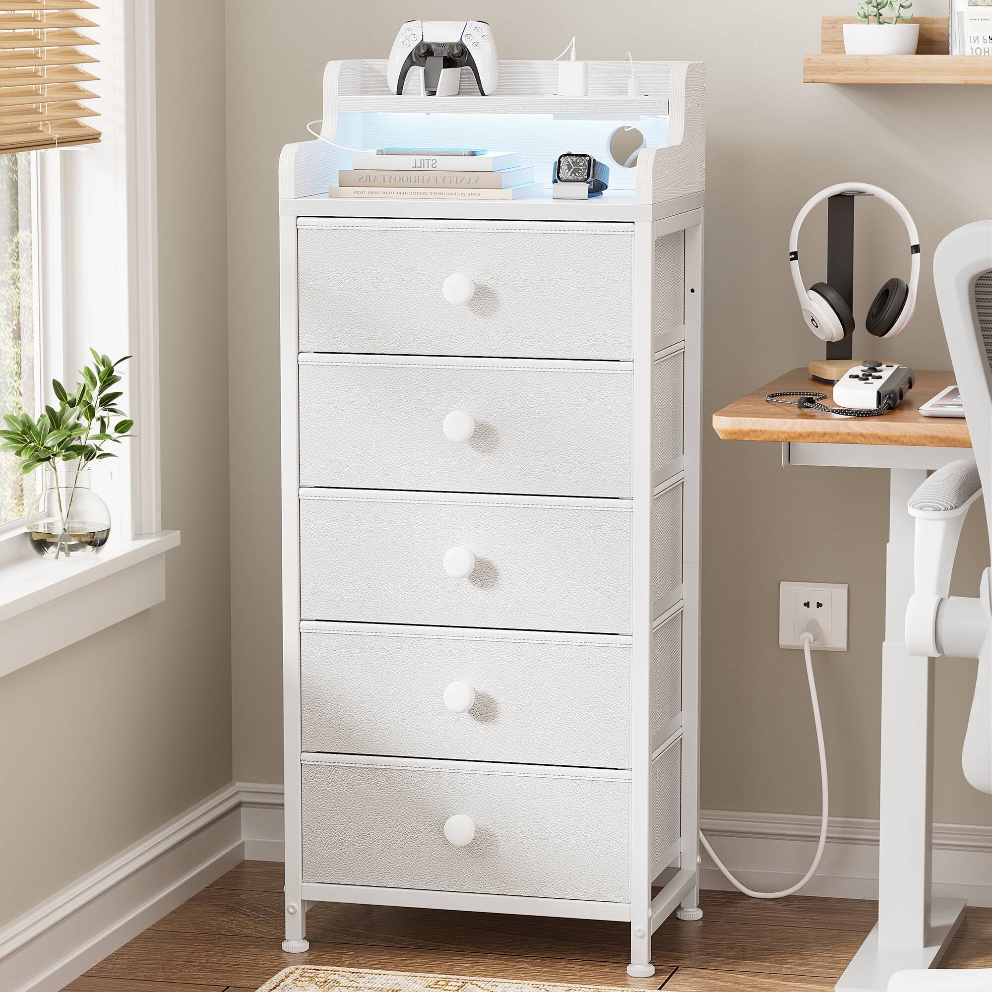 GUNAITO Led Dresser for Bedroom with 5 Drawers Tall Narrow Chest of Drawers Fabric Storage Dresser for Adults,White