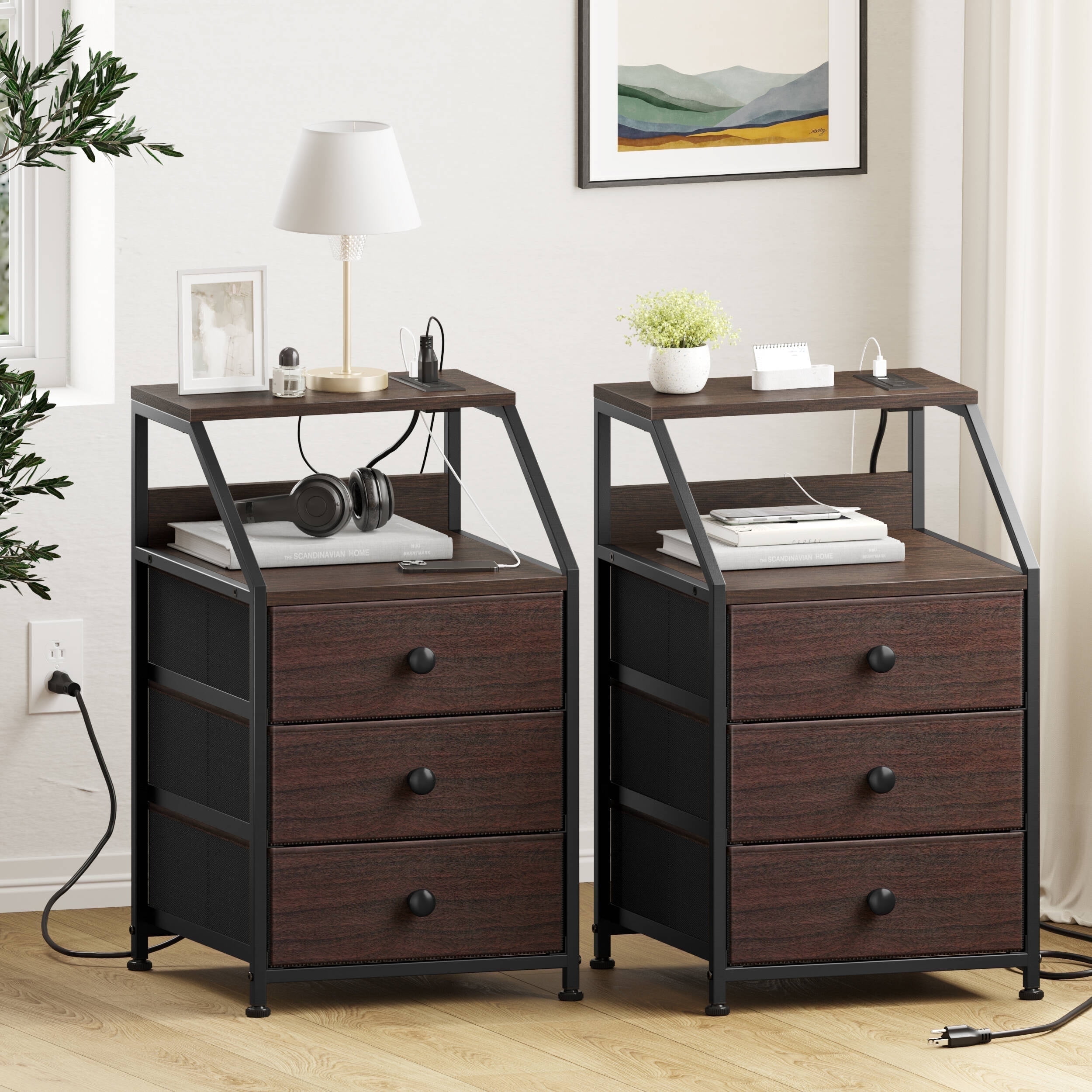 GUNAITO Nightstand Set of 2 with Charging Station Side Table with 3 Drawers End Table with Open Shelf Bedside Table with USB Ports and Outlets Nightstand for Bedroom,Brown
