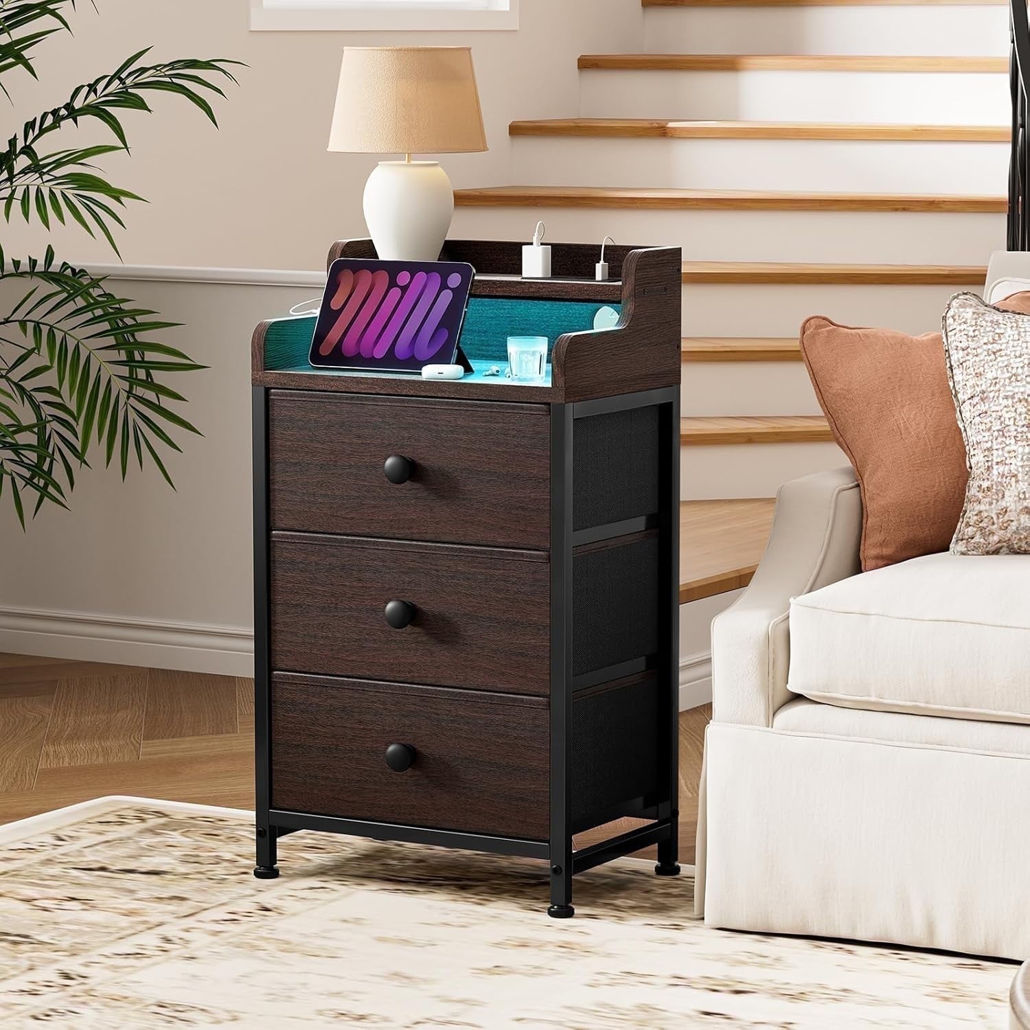 GUNAITO 3 Drawers Nightstand with Charging Station, Bedside Table with LED Light, Modern End Side Table for Bedroom Living Room，Brown