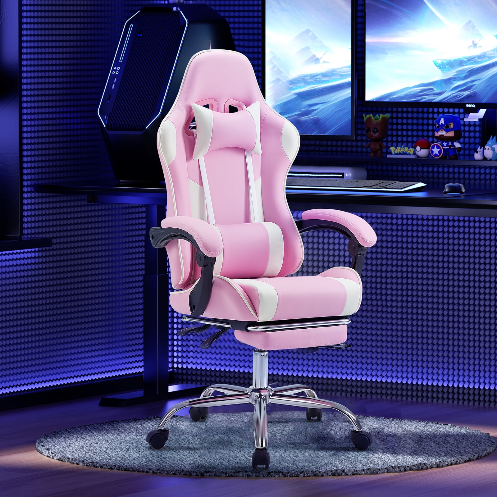 JIOABL Ergonomic Gaming Chair With Headrest And Lumbar Pillow,Height Adjustable With 360°-Swivel Seat,Pink