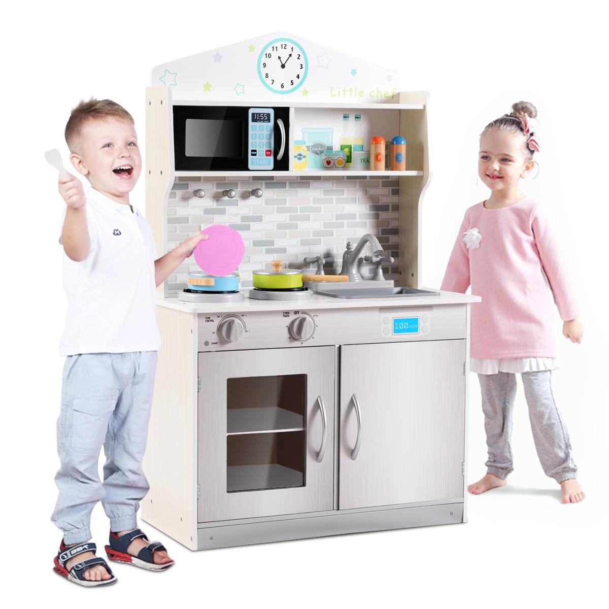 Giantex Kids Kitchen Playset, Wooden Pretend Cooking Playset w/ Cookware Accessories, Removable Sink, Microwave, Display Shelf, Toddler Pretend Play Kitchen Toy, Best Gift for Girl, Gray