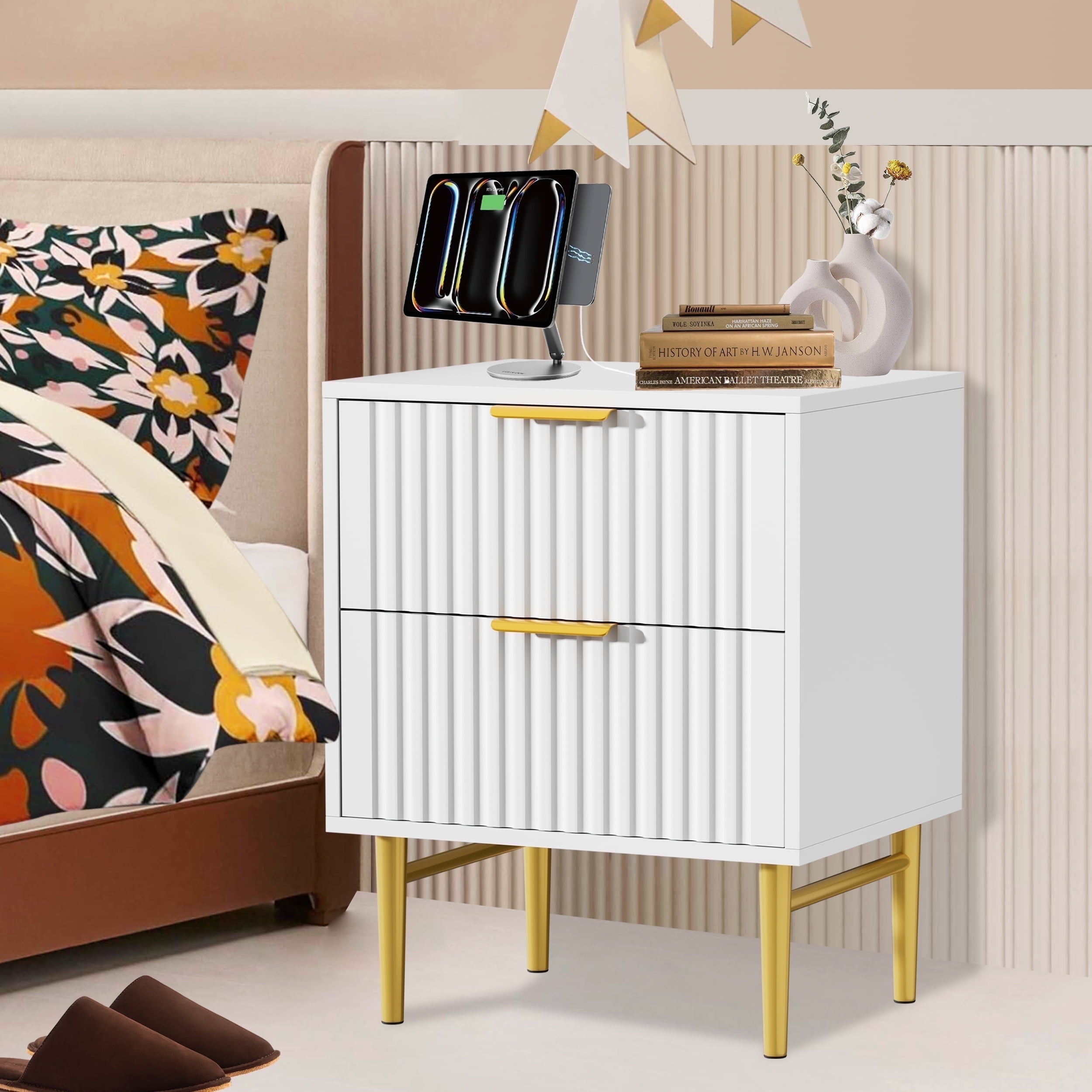 Glavbiku White Modern 2-Drawer Nightstand with Charging Station,Wood Bedside Table for Adult,23.5"H
