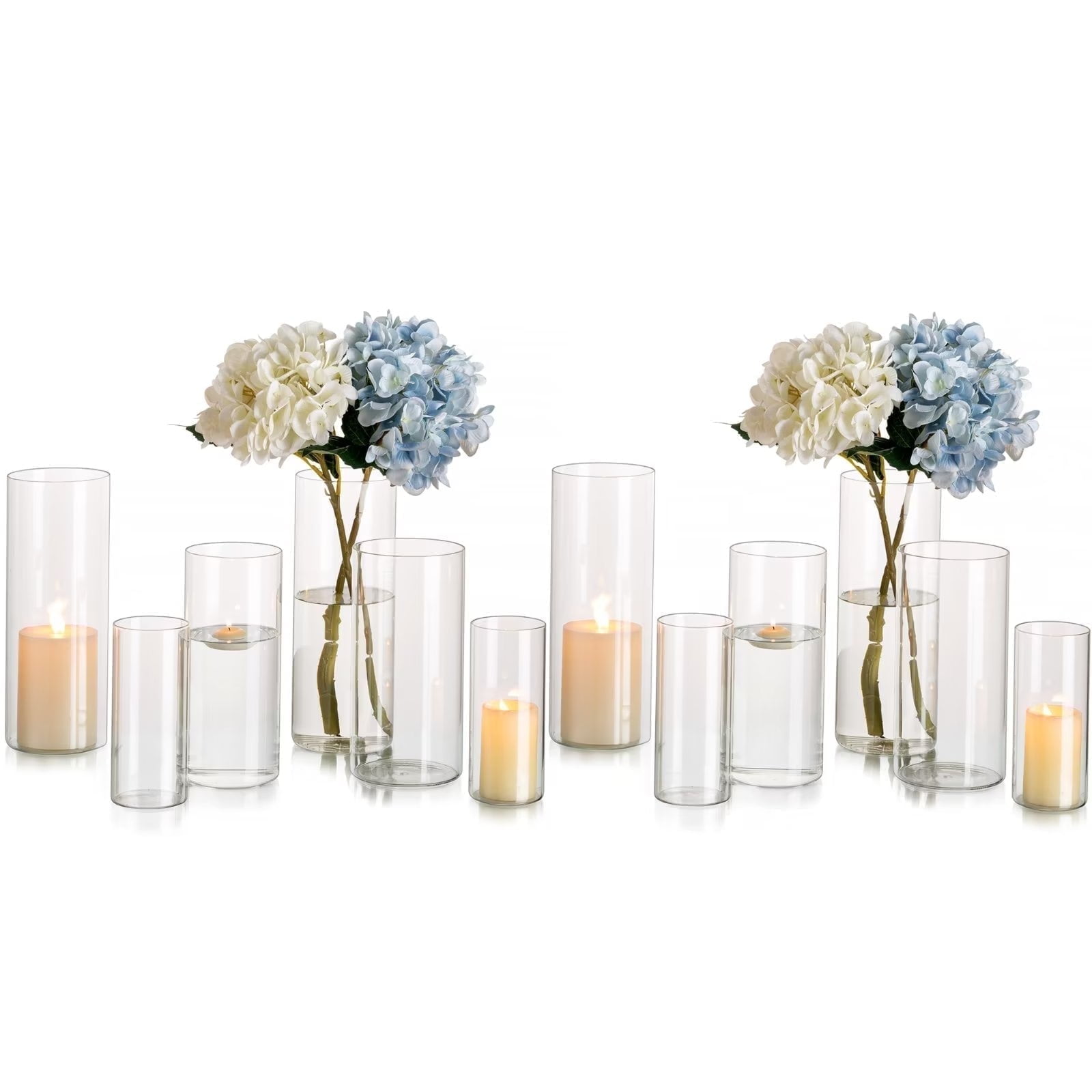 Glasseam Set of 12 Clear Glass Cylinder Vases Hurricane Pillar Candle Holders, 6", 8" & 10"