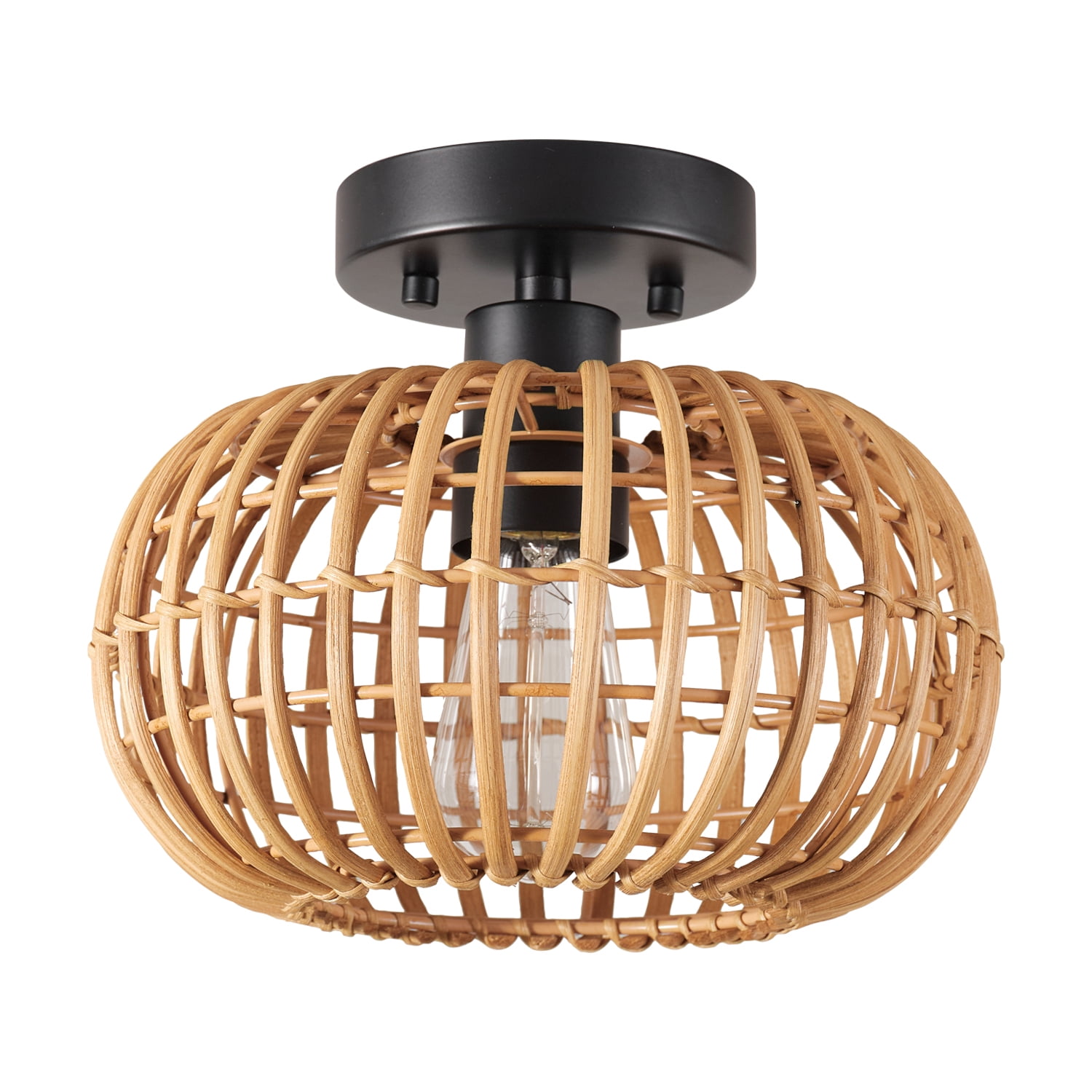 Globe Electric Fitz 1-Light Black Flush Mount Ceiling Light with Rattan Shade, 91000921