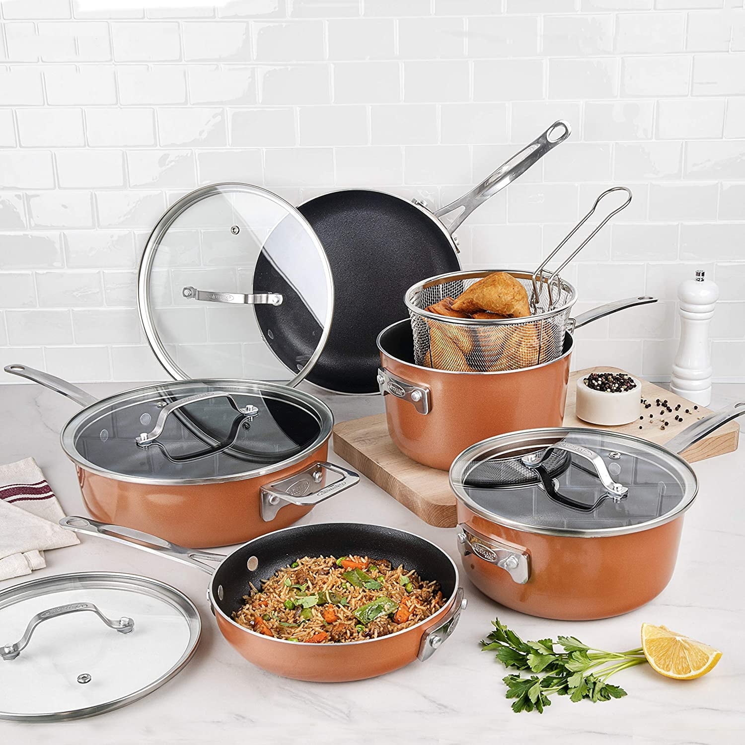 Gotham Steel Copper Cast Stackmaster Pots and Pans Set, 10 Piece Stackable Cookware with Nonstick Cast Texture Coating, Includes Frying Basket, Fry Pans, Saucepans, Stock Pots and More