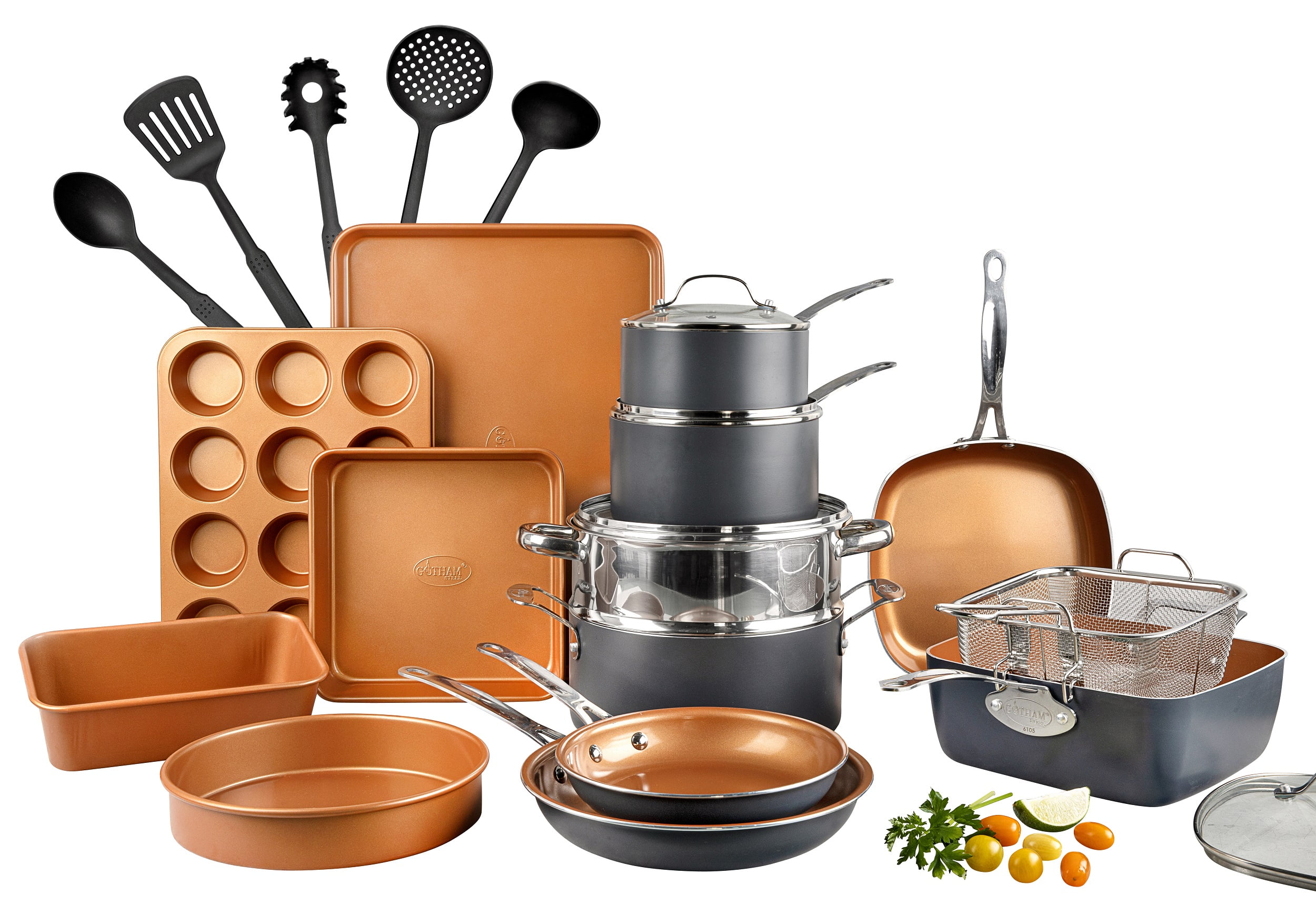 Gotham Steel Kitchen-in-a-box 25 Piece Cookware set, Non-stick Pots & Pans with Utensils, Graphite/Copper